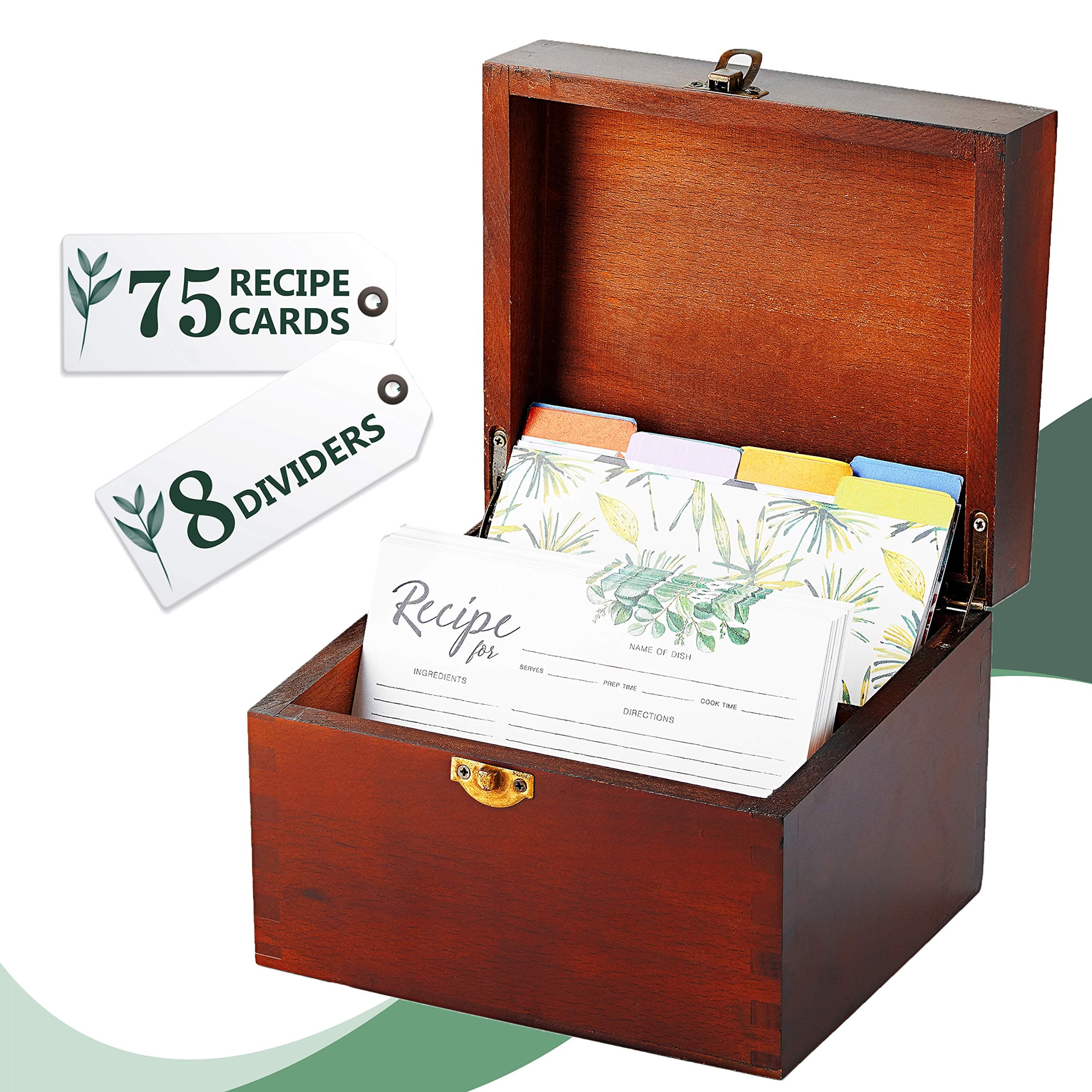LUTANI Recipe Card Box Set with 75 4x6 Recipe Cards + 8 Dividers, Beech Wood and Card Holder, Cards Made with Thick Card Stock. Perfect Recipe Organizer (beech wood)