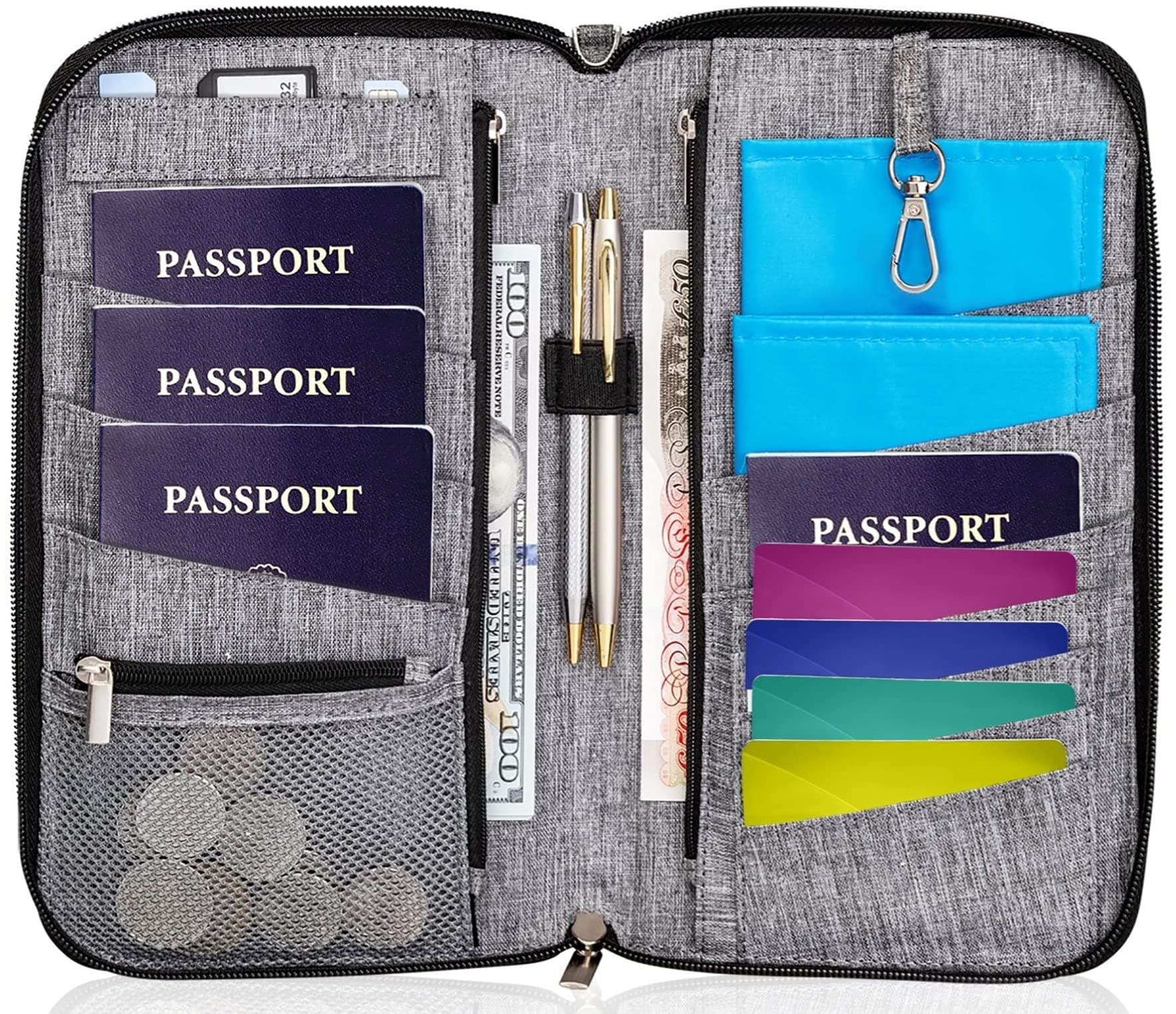 Premium Family Travel Document Organizer Capacious RFID Passport Holder Wallet (Large, gray)