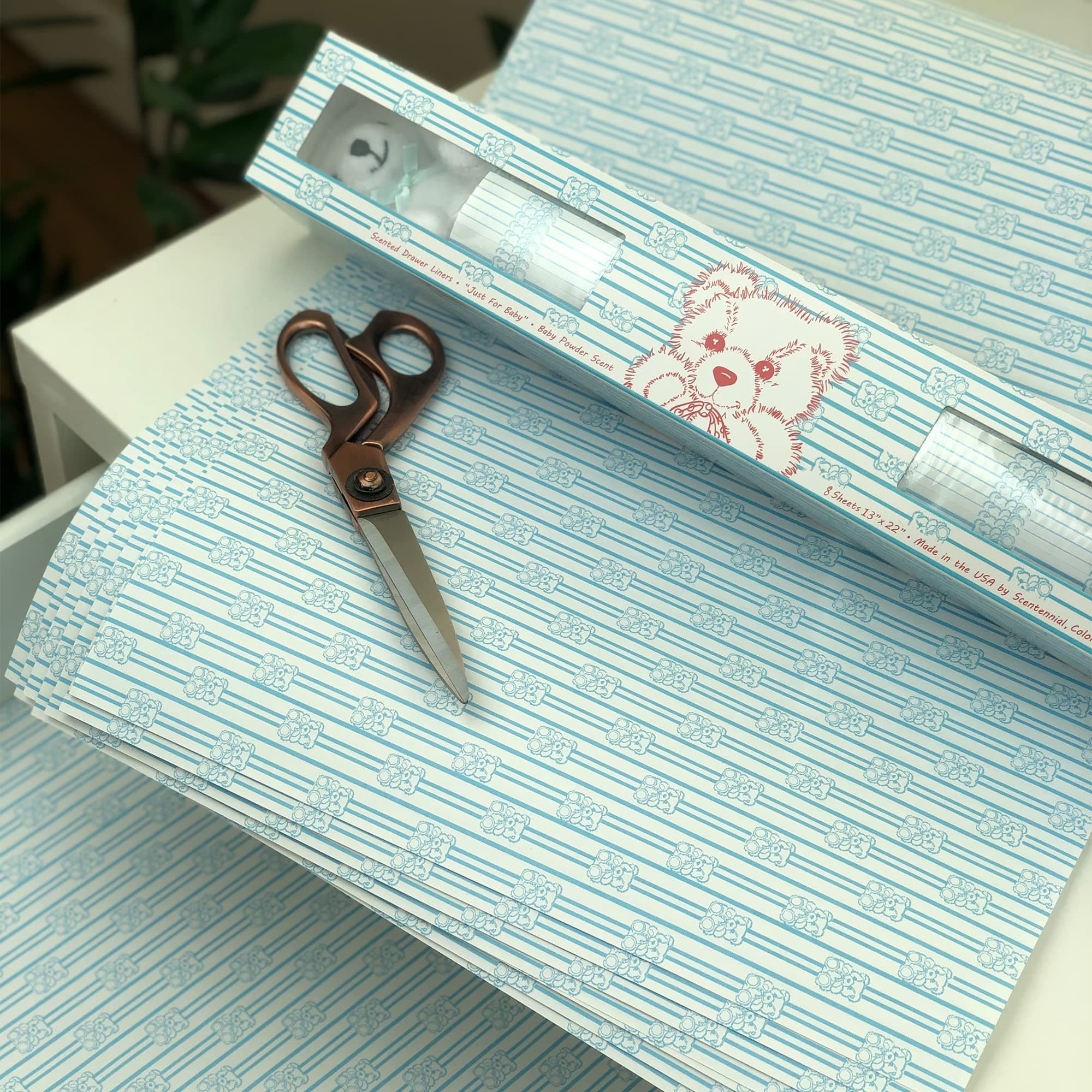 ScentennialsScented Drawer Liners - Blue Teddy Bear Print - 16 Sheets 16.5 x 22 Inch Non-Adhesive - Perfect for Closet Shelves and Nursery Dresser Drawers (Baby Powder)