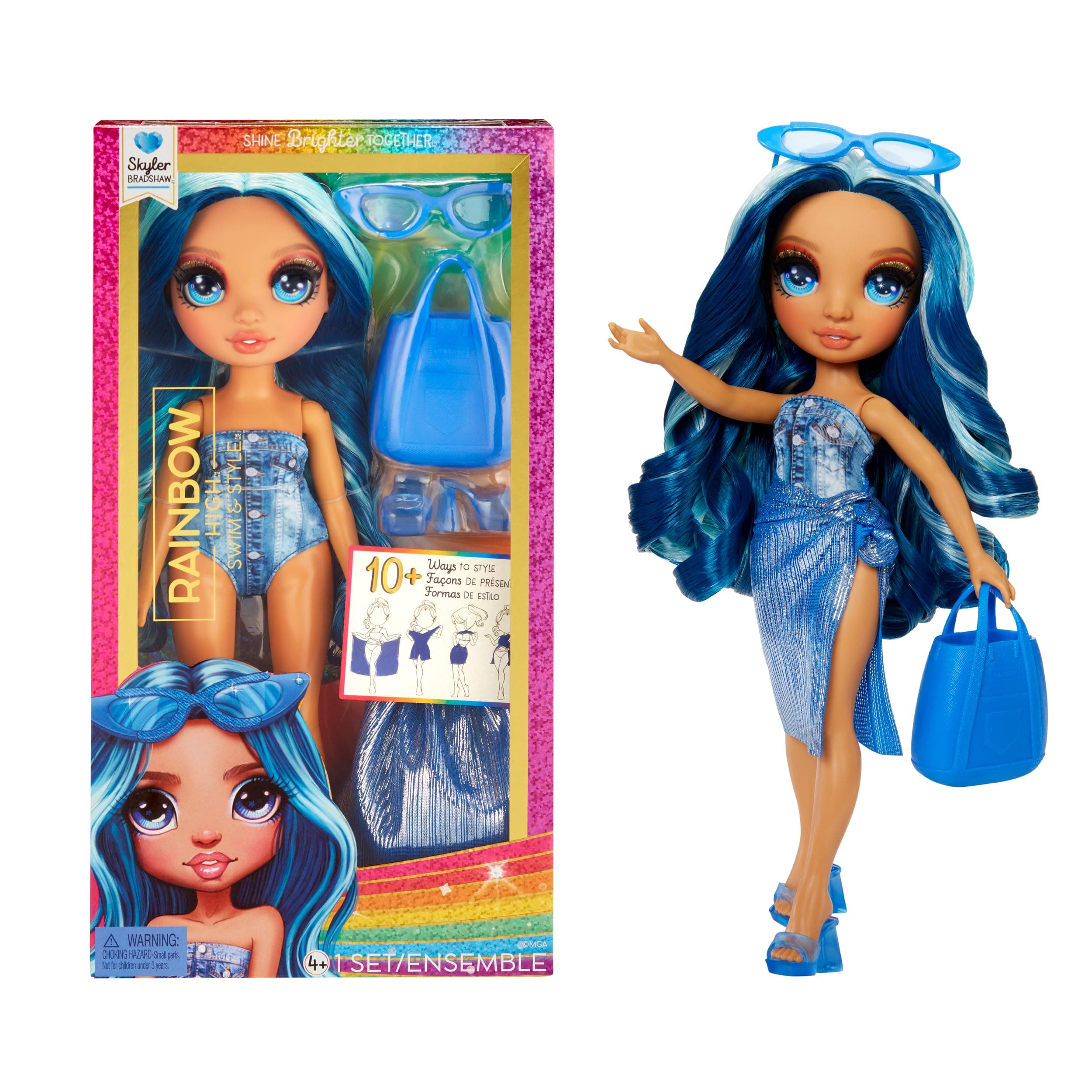 Swim & Style - Skyler (Blue) - 28 cm Doll with Shimmering Pareo to Wear More than 10 Ways - Swimsuit, Sandals, Accessories - Toy for Kids - For Ages 4-12