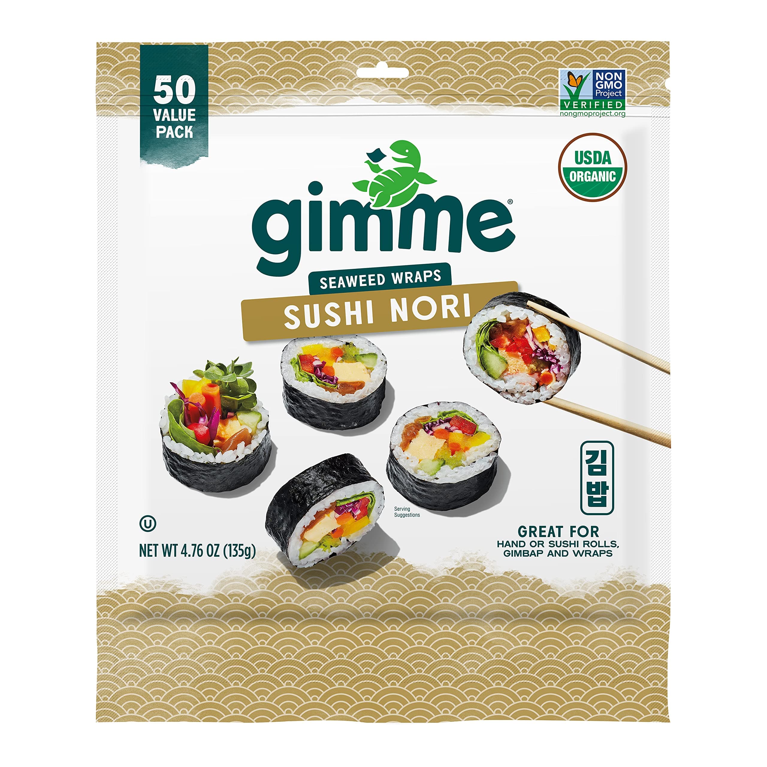 Gimme Seaweed Sushi Nori Premium Organic Roasted Seaweed 50 Sheets in Resealable Container, Keto, Vegan, Gluten-Free, Restaurant-style Sushi Nori Sheets 50 Count (Pack of 1)
