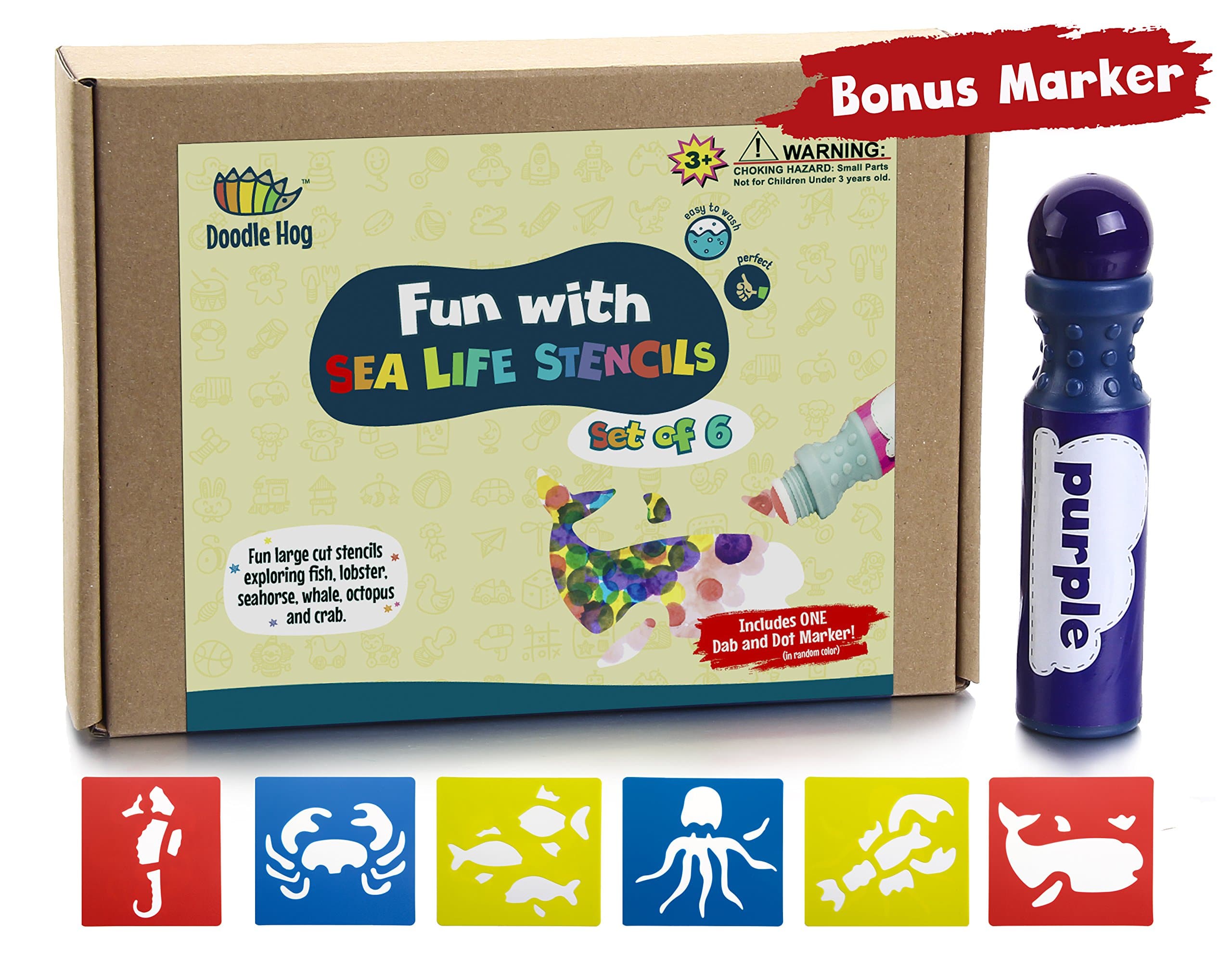 Sea Life Stencils + Dab and Dot Marker, Preschool washable fun large cut stencils exploring fish, lobster, seahorse, whale, octopus and crab.