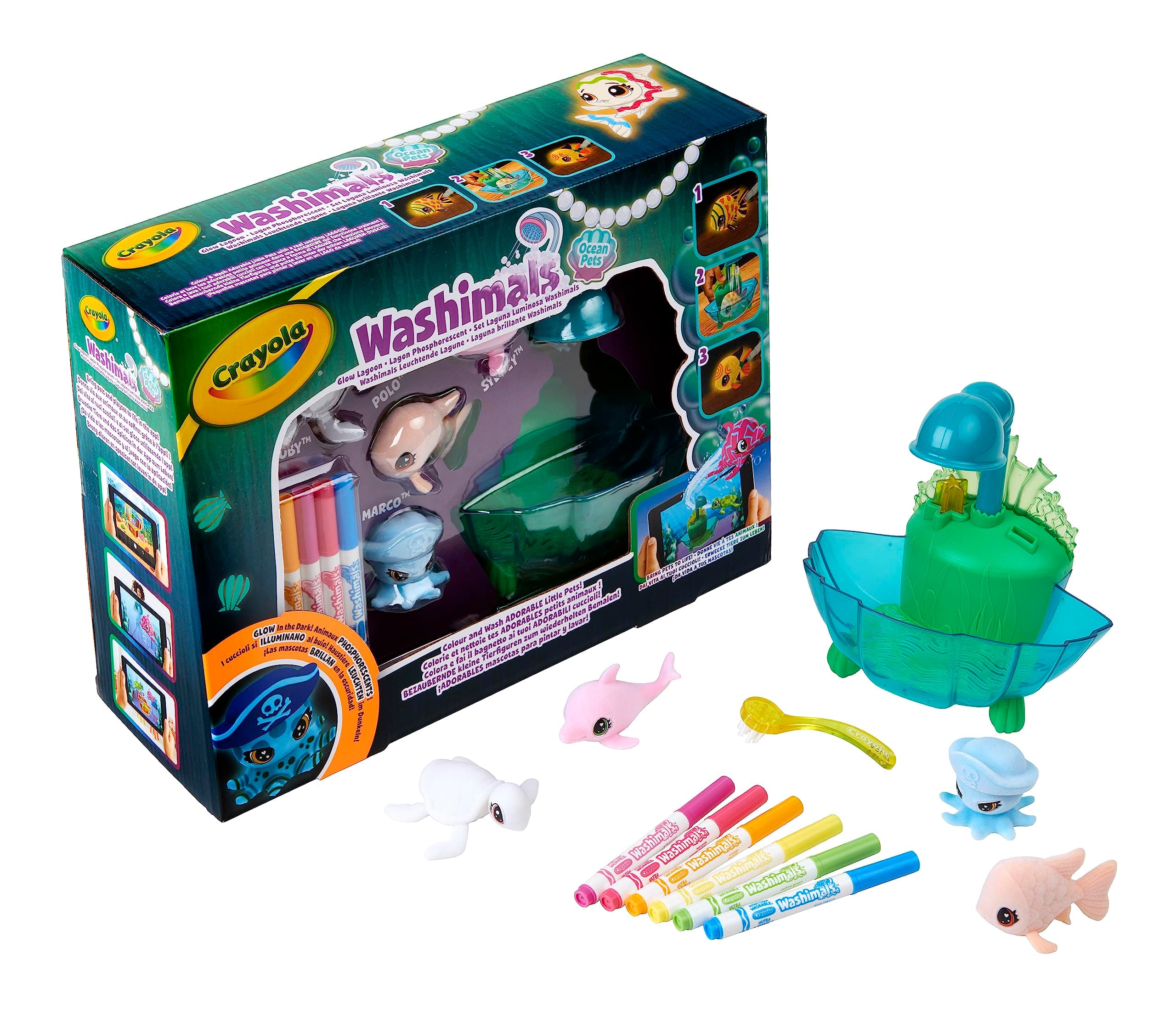 Washimals Pets - Ocean Glow Lagoon Playset | Colour Your Own Washimal Pets Again and Again | Includes 6 Washable Markers | Ideal for Kids Aged 3+