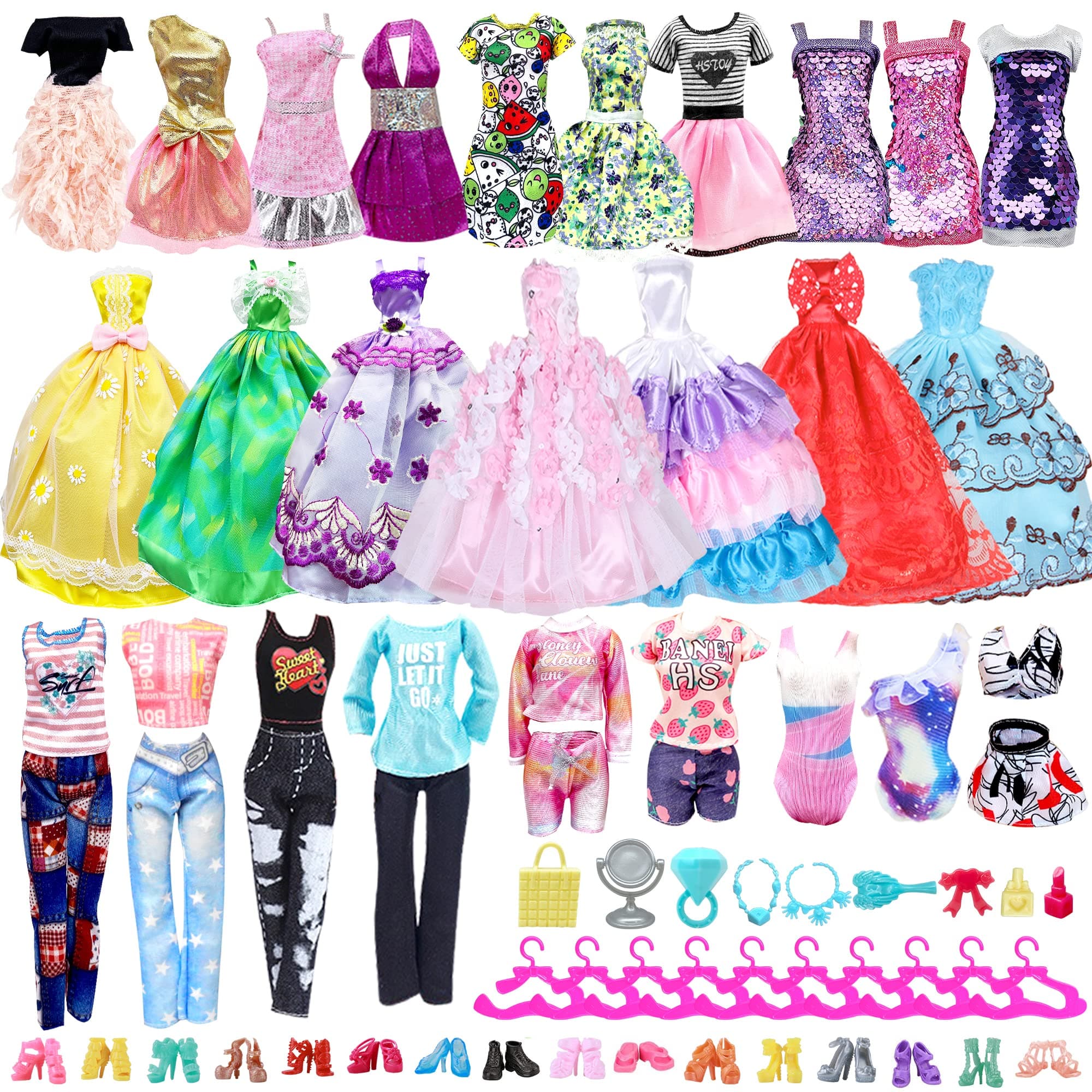 AMETUS 45Pcs Doll Clothes and Accessorises for 11.5 inch Dolls, 3x Princess Gowns, 3x Swimsuit, 3x Shinning Dress, 7x Fashion and Clothes, 10x Hangers, for Girls Kids Gifts