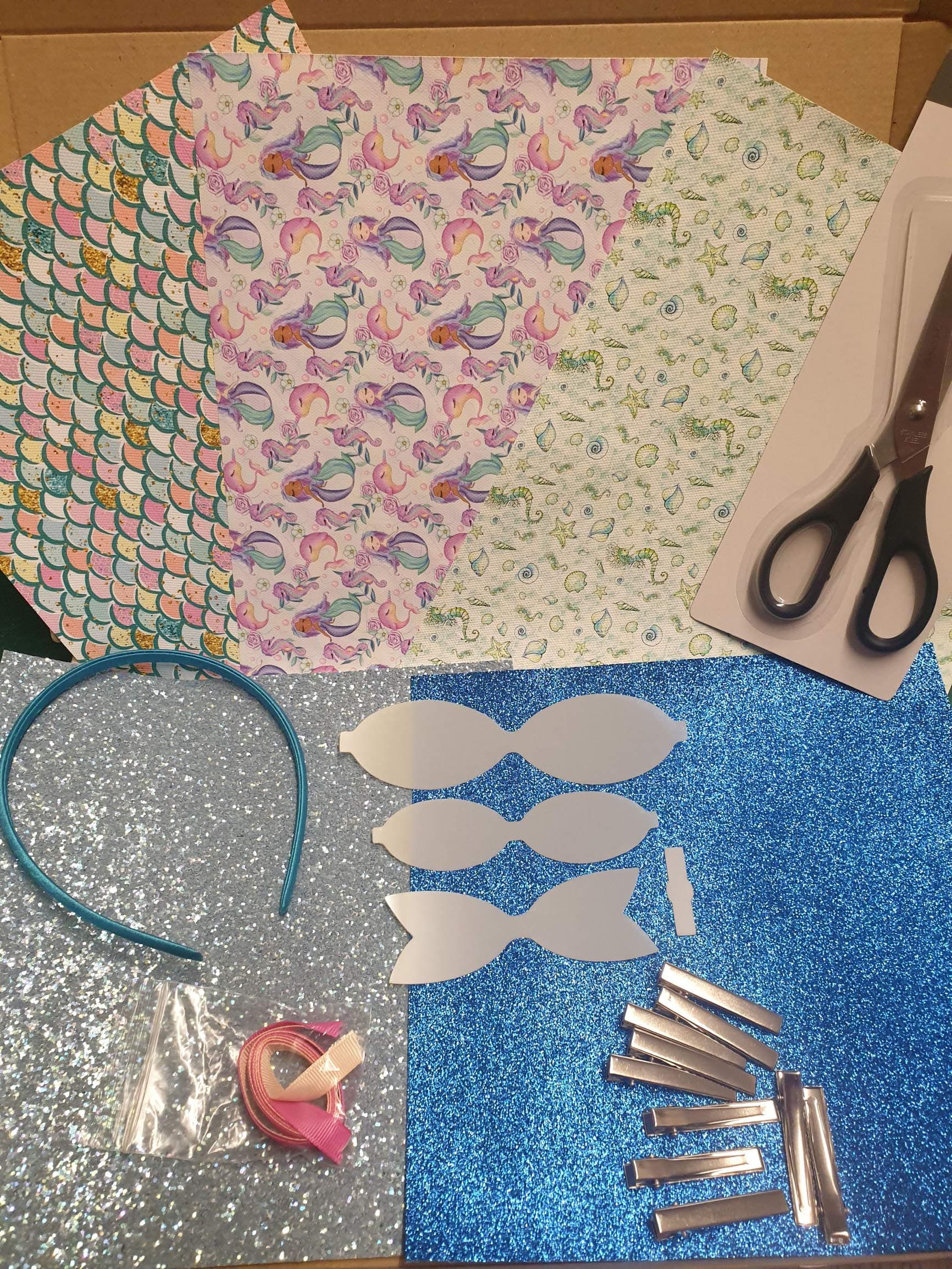 Hair bow making starter kit fabrics glitters templates clips ribbon bands scissors pencil mermaids theme