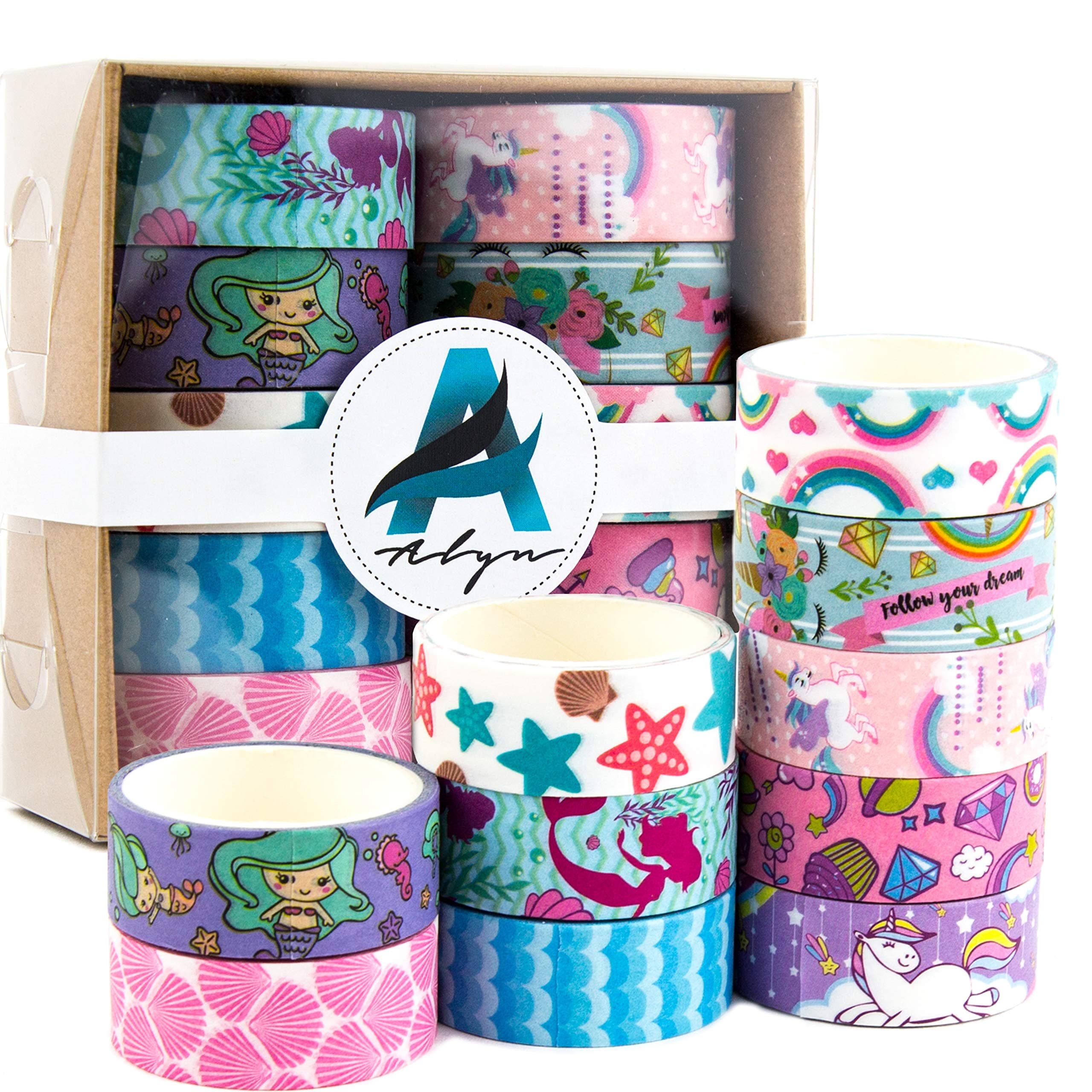 Washi Tape Set of 10 Assorted Cute Unicorn and Mermaid Design - Thin Decorative Japanese Paper Tape for Arts and Crafts Ideal for Stationary, Journal, Planner, Scrapbook, DIY, Organizing Office Supply