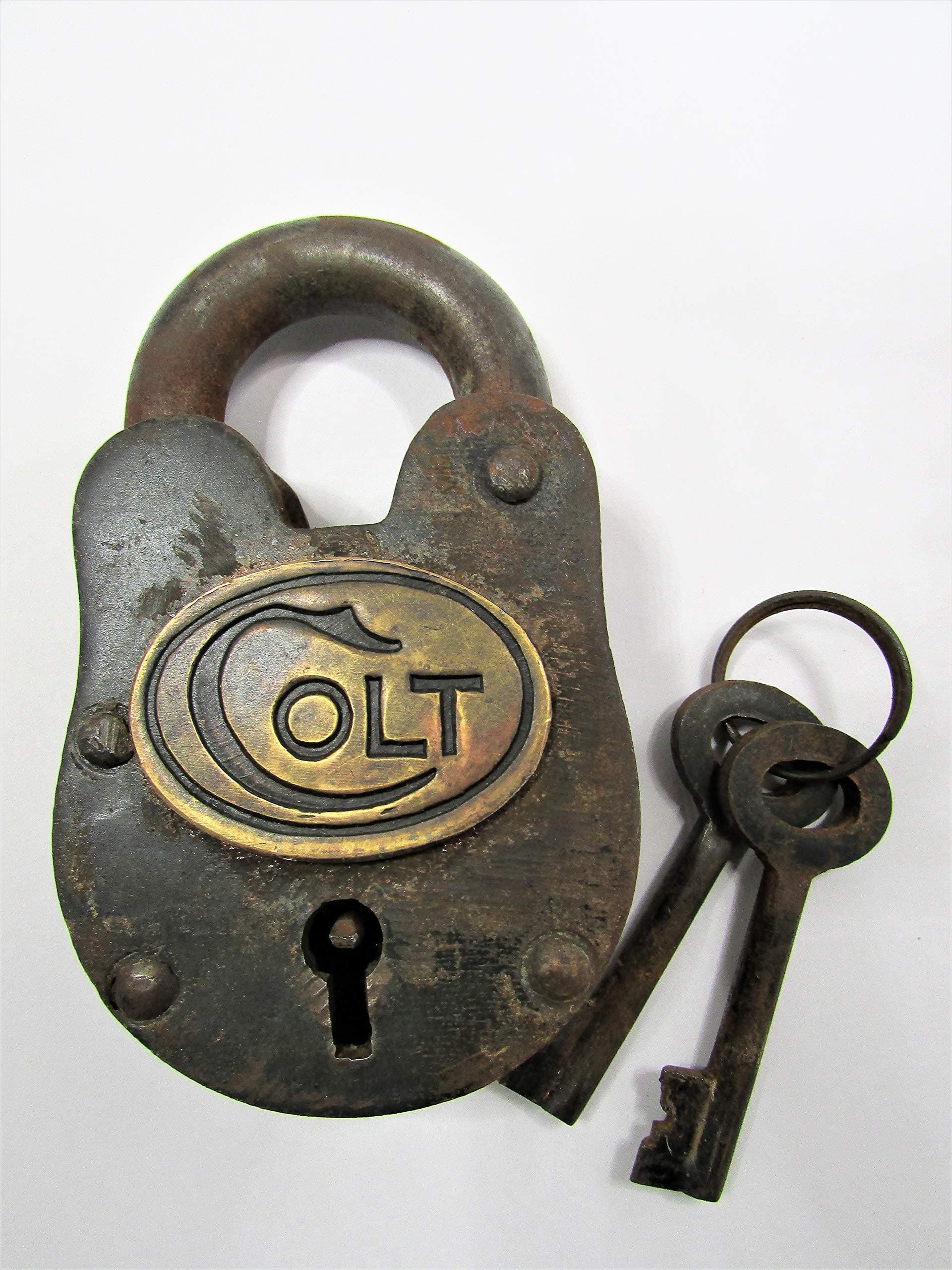 Prison Lock Padlock Antique-Finish w/Keys Colt Gun Large 3 1/2"
