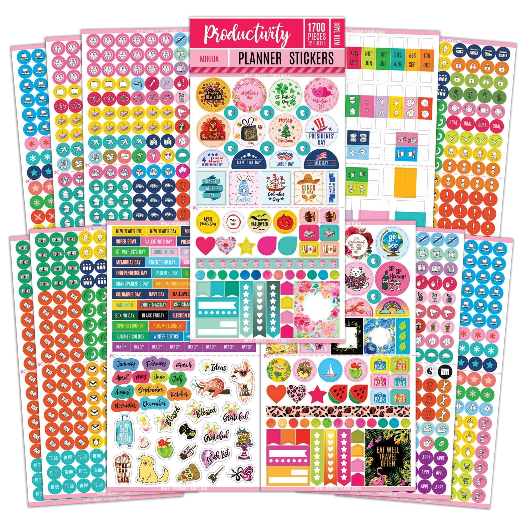 Mirida Planner Stickers � 1700 Productivity Mini Icons for Adults Calendar � Work, Daily to Do, Budget, Family, Holidays, Journaling � Variety Pack with Monthly Tabs