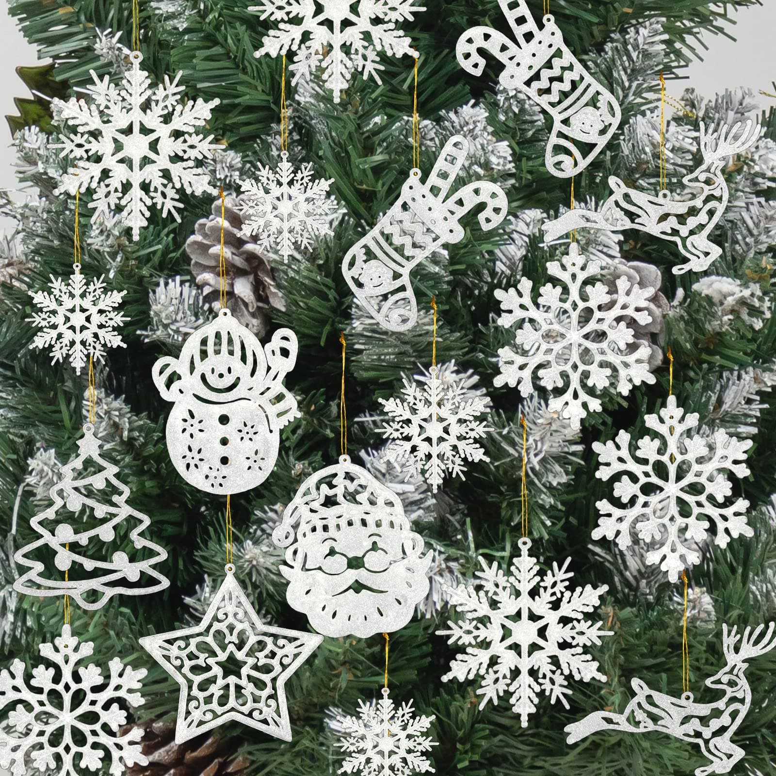 Christmas Tree Decoration Snowflake Ornaments - 42pcs White Glitter Christmas Snowflake Tree Stocking Snowman Reindeer Hanging Ornaments for Xmas Winter Wonderland Holiday New Year Party