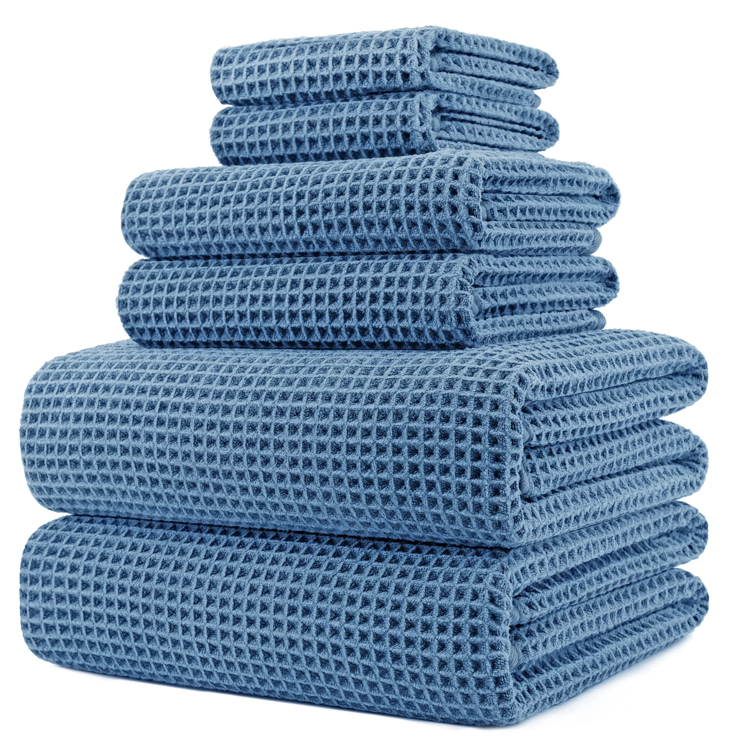 430 GSM Microfiber Quick Dry Lint Free Oversize Bath Towel Set, 6 Piece (Waffle Weave)