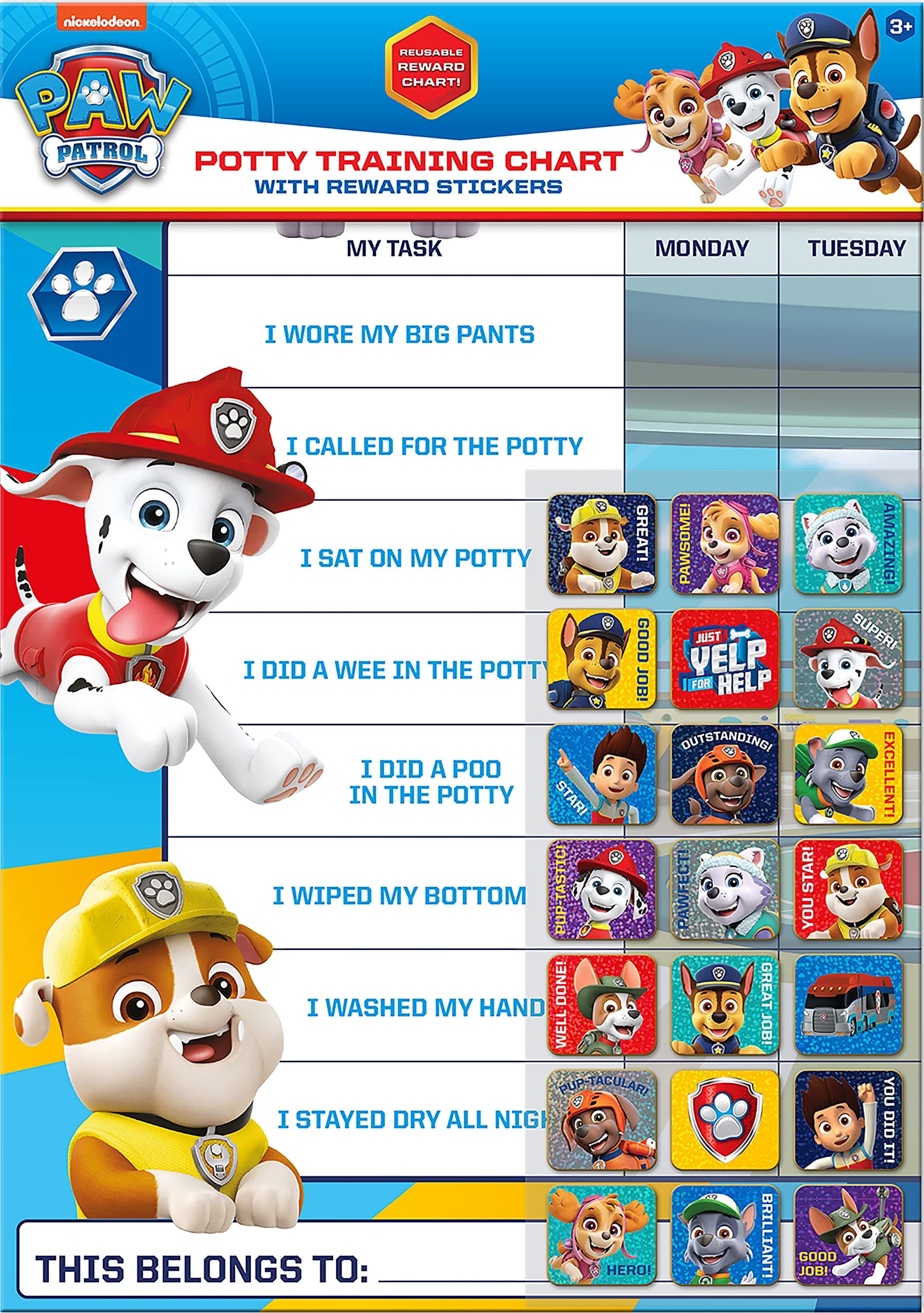 Paper Projects 01.70.30.025 Paw Patrol Potty and Toilet Training Reward Chart and Stickers,for ages 3+, 29.7cm x 42cm