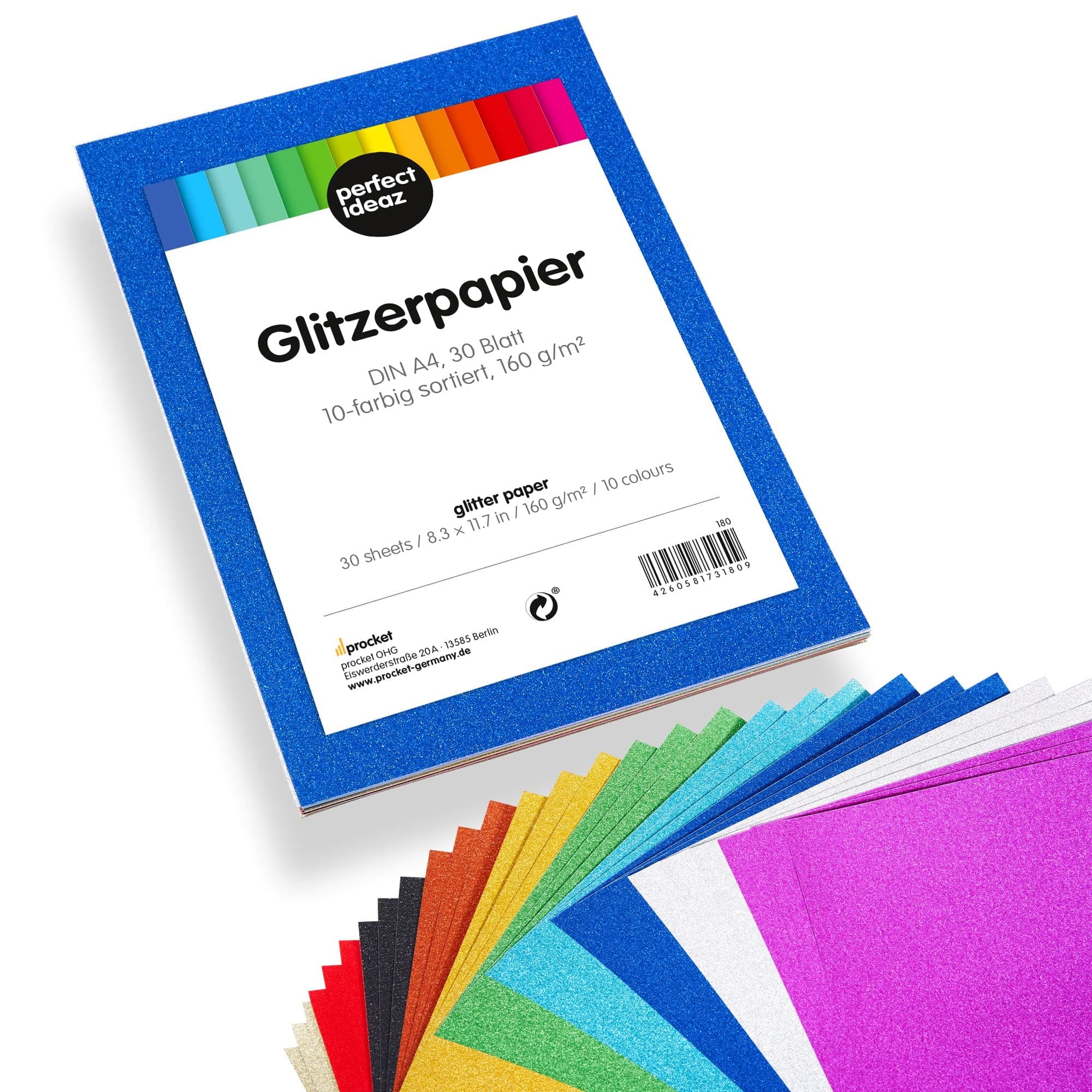 perfect ideaz - 30 Sheets of Glitter Paper, Coloured Card A4, 10 Assorted Colours, 21 x 29.7cm, 160 g/m²