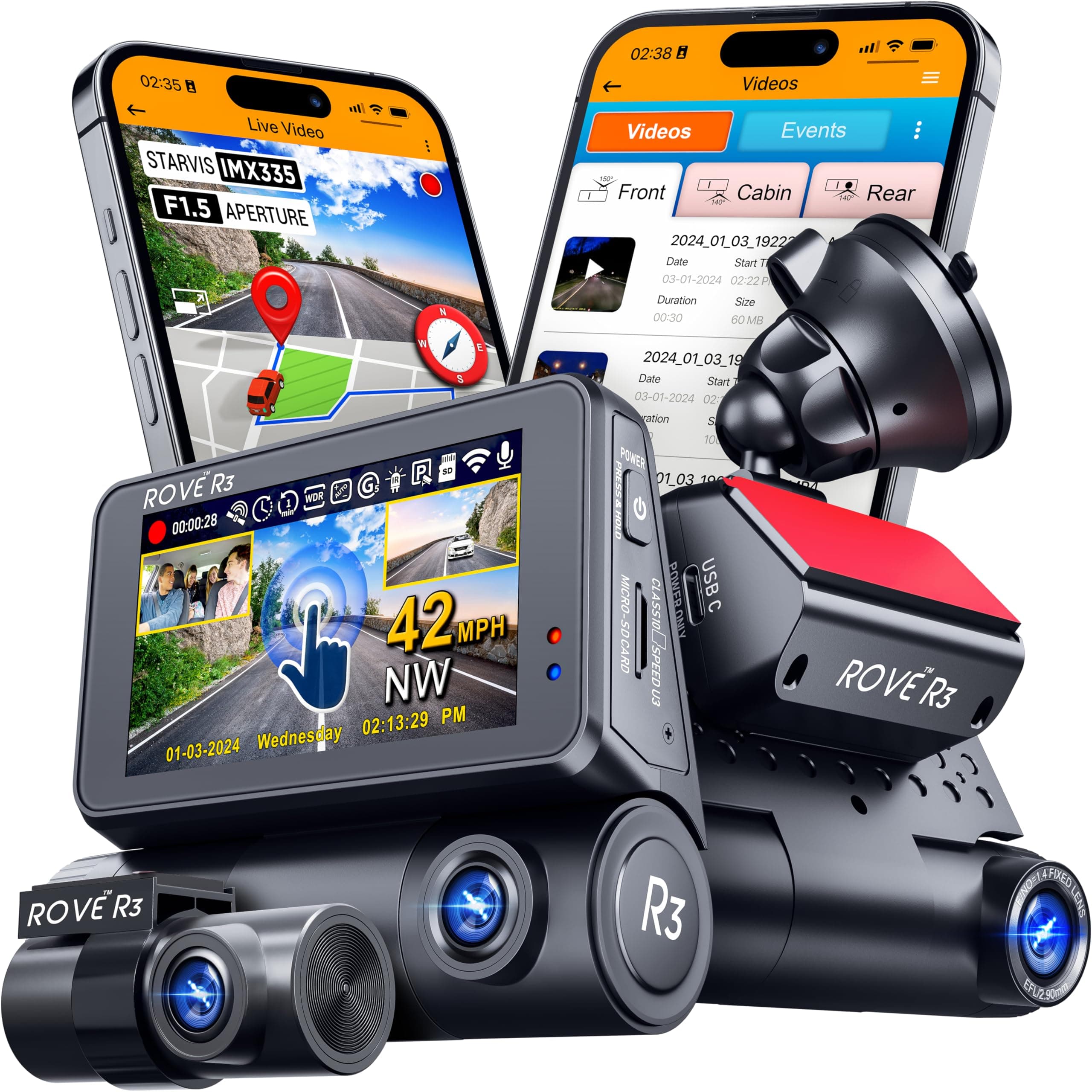 Rove R3 Dash Cam, 3β IPS Touch Screen, 3 Channel Dash Cam Front and Rear with Cabin, 5.0 GHz WiFi, Built-in GPS, 2K-1440P+1080P+1080P, 24-HR Parking Monitor, Supercapacitor, Supports up to 512GB Max