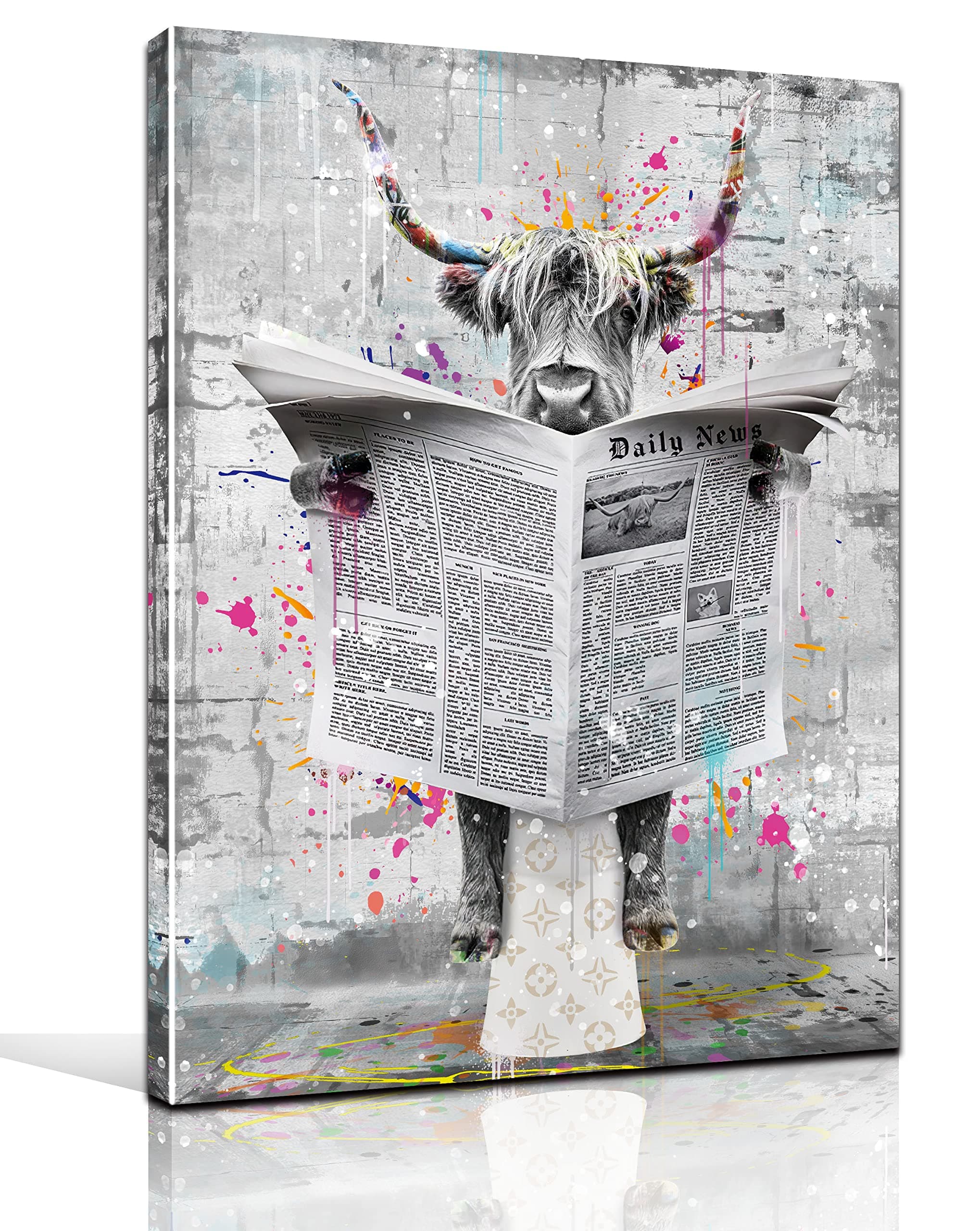 GUGIKA Highland Cow Wall Art for Bathroom, Funny Graffiti Cattle Living Room Wall Decor, Black and White Bedroom Canvas Print, Size 16x24 Inches