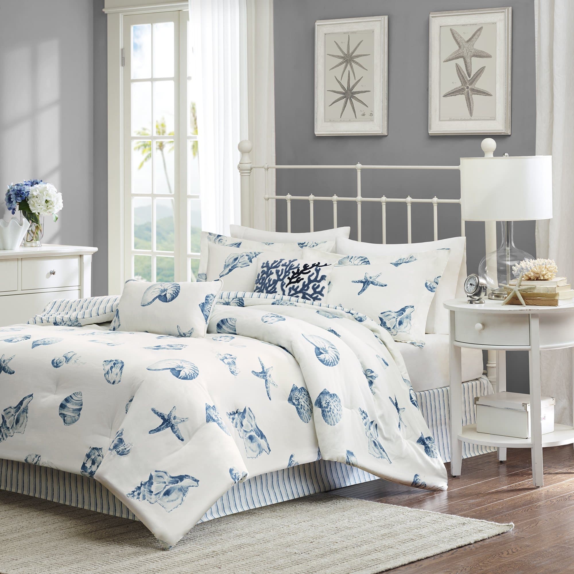 Harbor House Cozy Cotton Comforter Set - Coastal, All Season Down Alternative Casual Bedding with Matching Shams, Decorative Pillows, Beach House, Reversible Seashell Blue Cal King(108" x96) 4 Piece