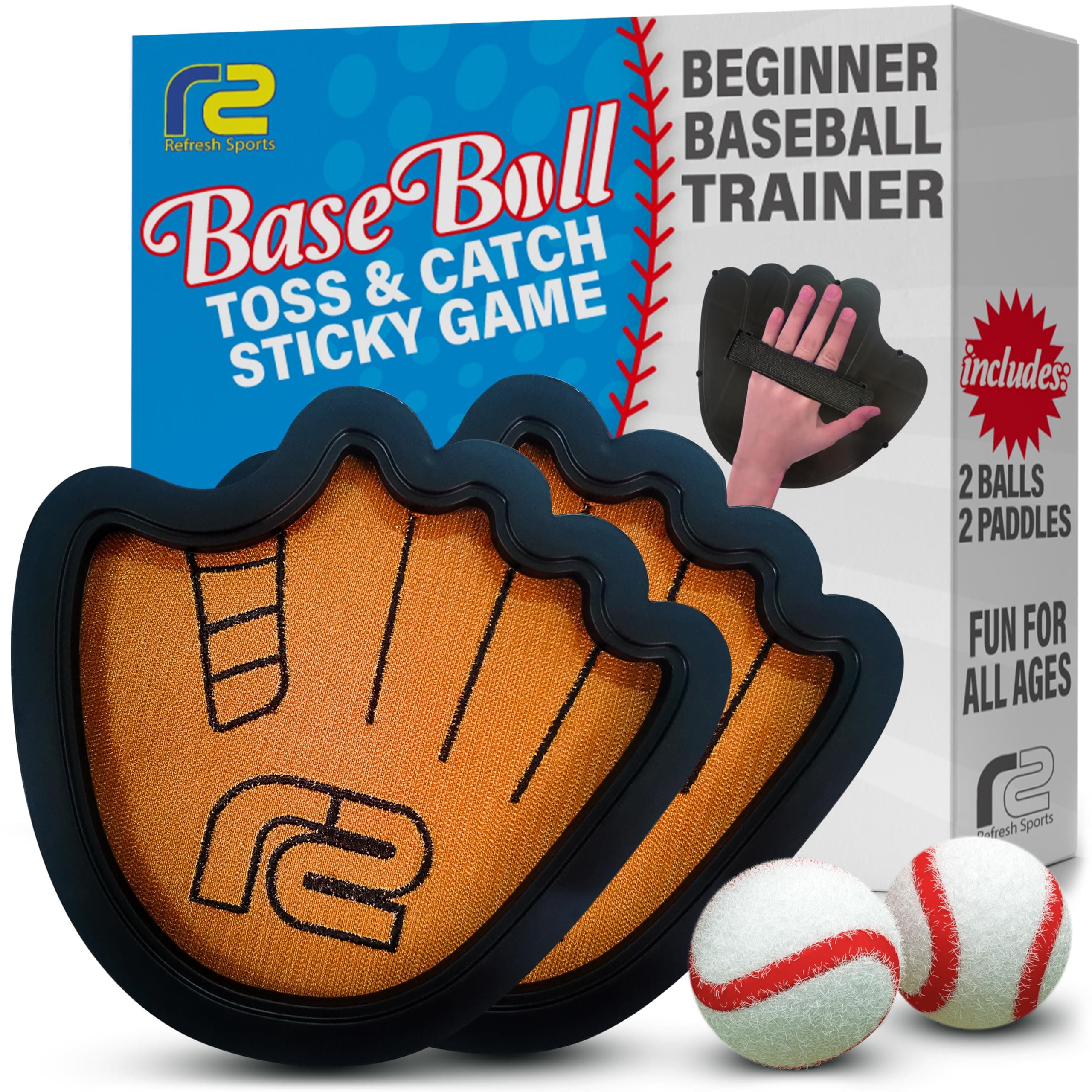 Toss and Catch Ball Game Set - Easy to Use Sticky Balls & Beginner Baseball Training Glove - Premium Toy Paddle Fits All Hand Sizes From Toddlers to Teens & Adults - Fun Gift Idea for Boys and Girls