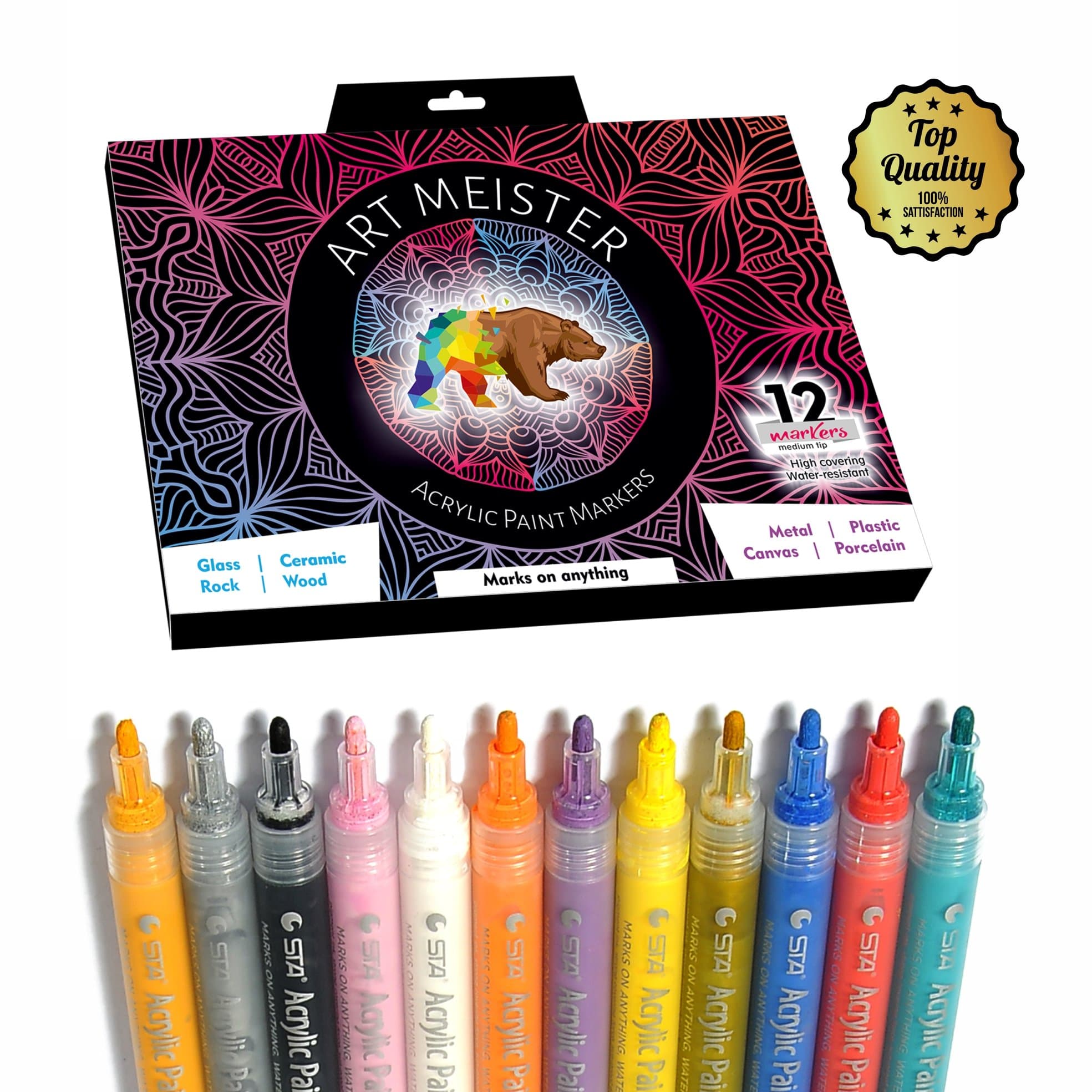 Art Meister Acrylic Markers-Set of 12 Acrylic Paint Pens, Medium Point - Writes on Almost Anything – Paint Markers for Fabric, Glass Writing, Canvas, Rock Painting, Ceramics, Wood, DIY Projects