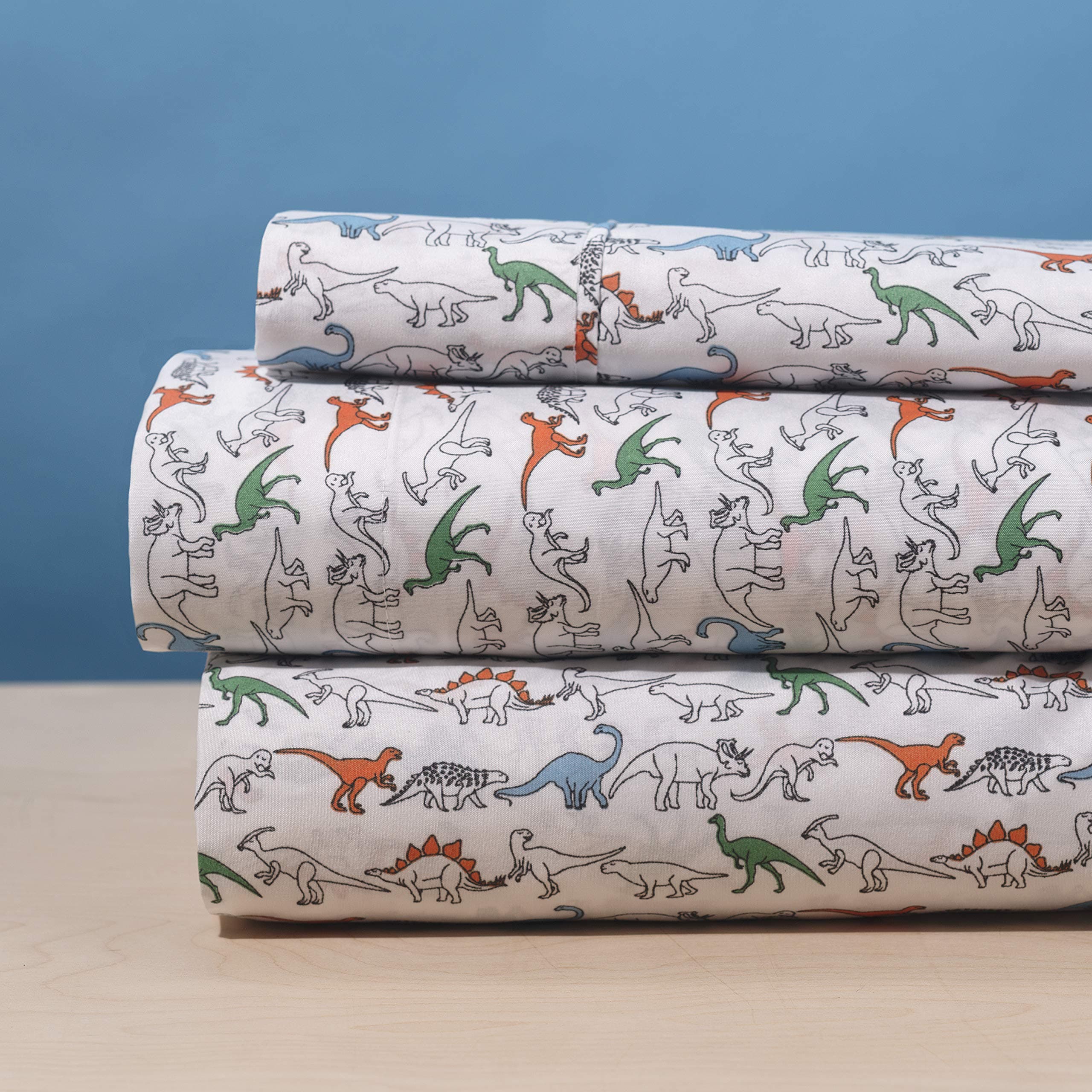 Elegant Homes White Orange Green Dinosaurs Design 3 Piece Printed Sheet Set with Pillowcase Flat Fitted Sheet for Boys/Kids/Teens # Dinosaur (Twin Size)