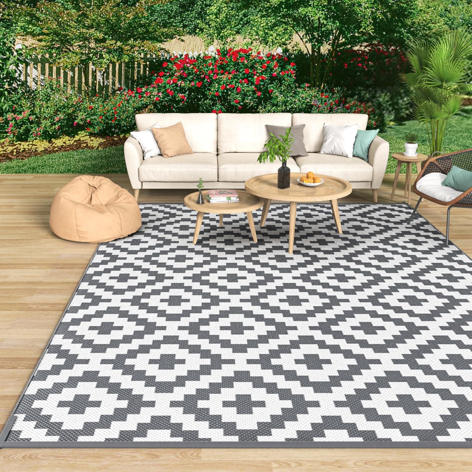 MOKANI Outdoor Rug for Patios Waterproof, Anti-slip Plastic Straw Garden Mat Carpet UV Resistant Indoor Area Rugs for Camping, Deck, Beach, Picnic, Backyard (120x180cm, Grey & White)