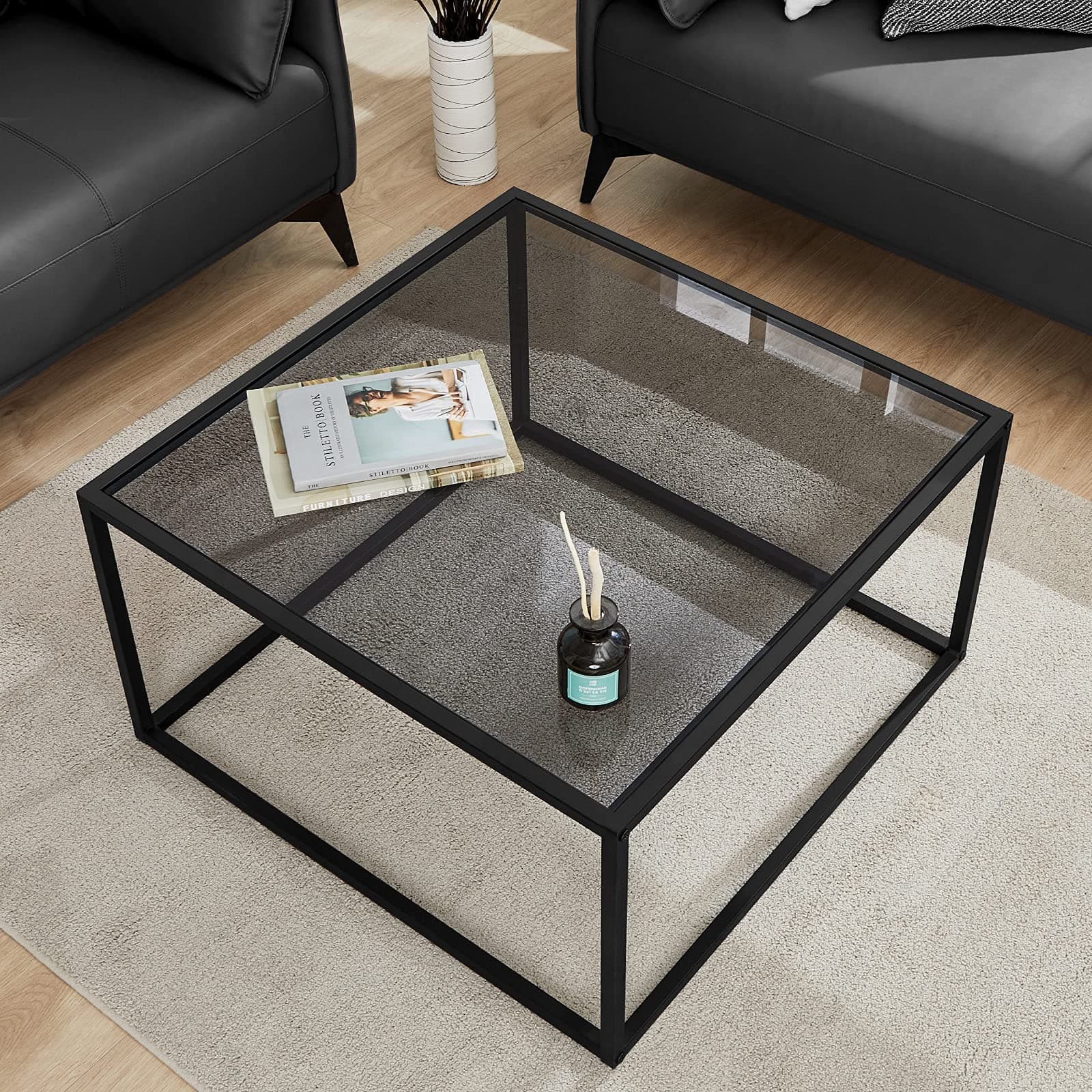 SAYGOER Glass Coffee Table Small Modern Square Simple Center Tables for Living Room 67x67x45cm Grey Black