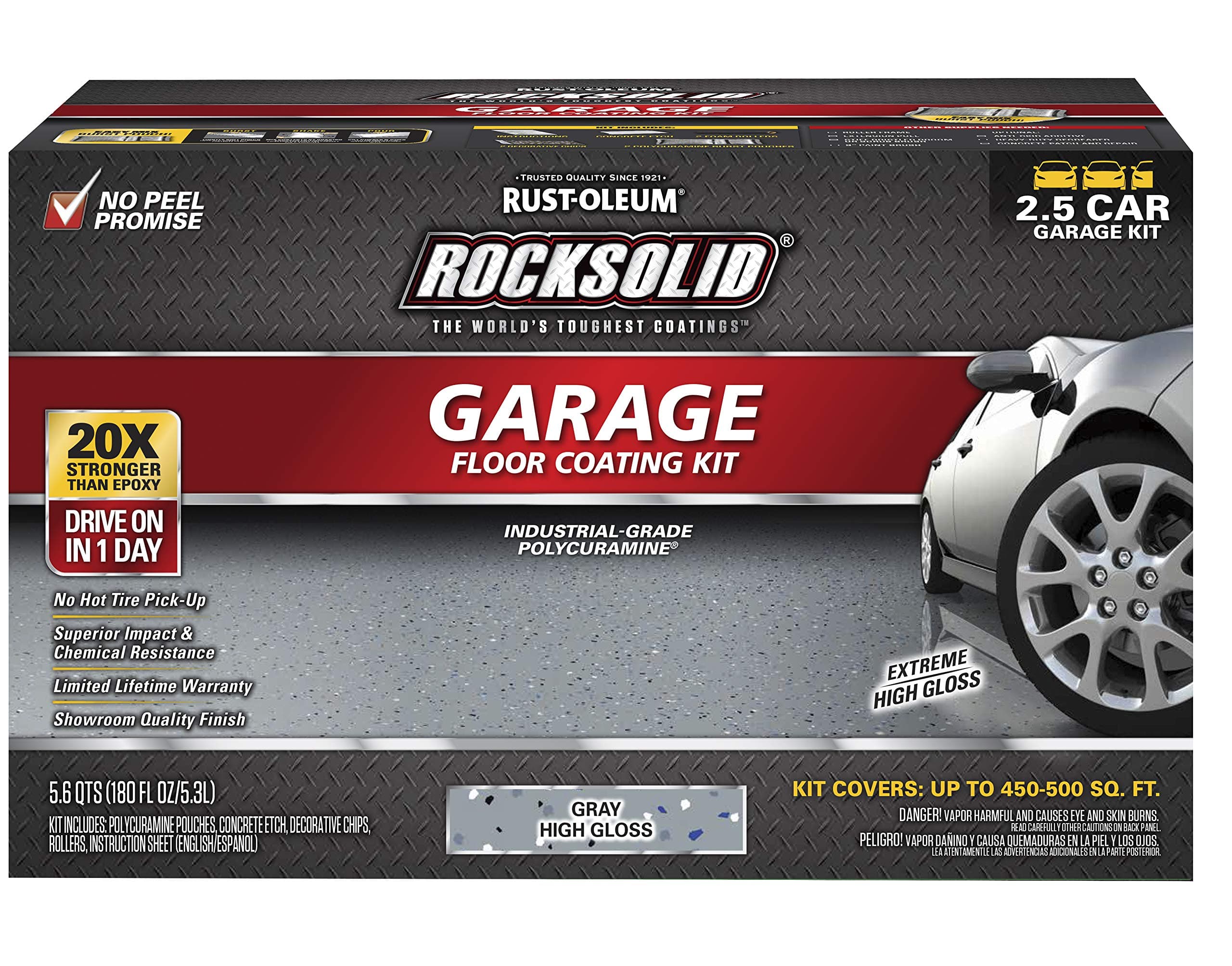 Rust-Oleum 293513 RockSolid Polycuramine Garage Floor Coating, 2.5 Car Kit, High Gloss Gray