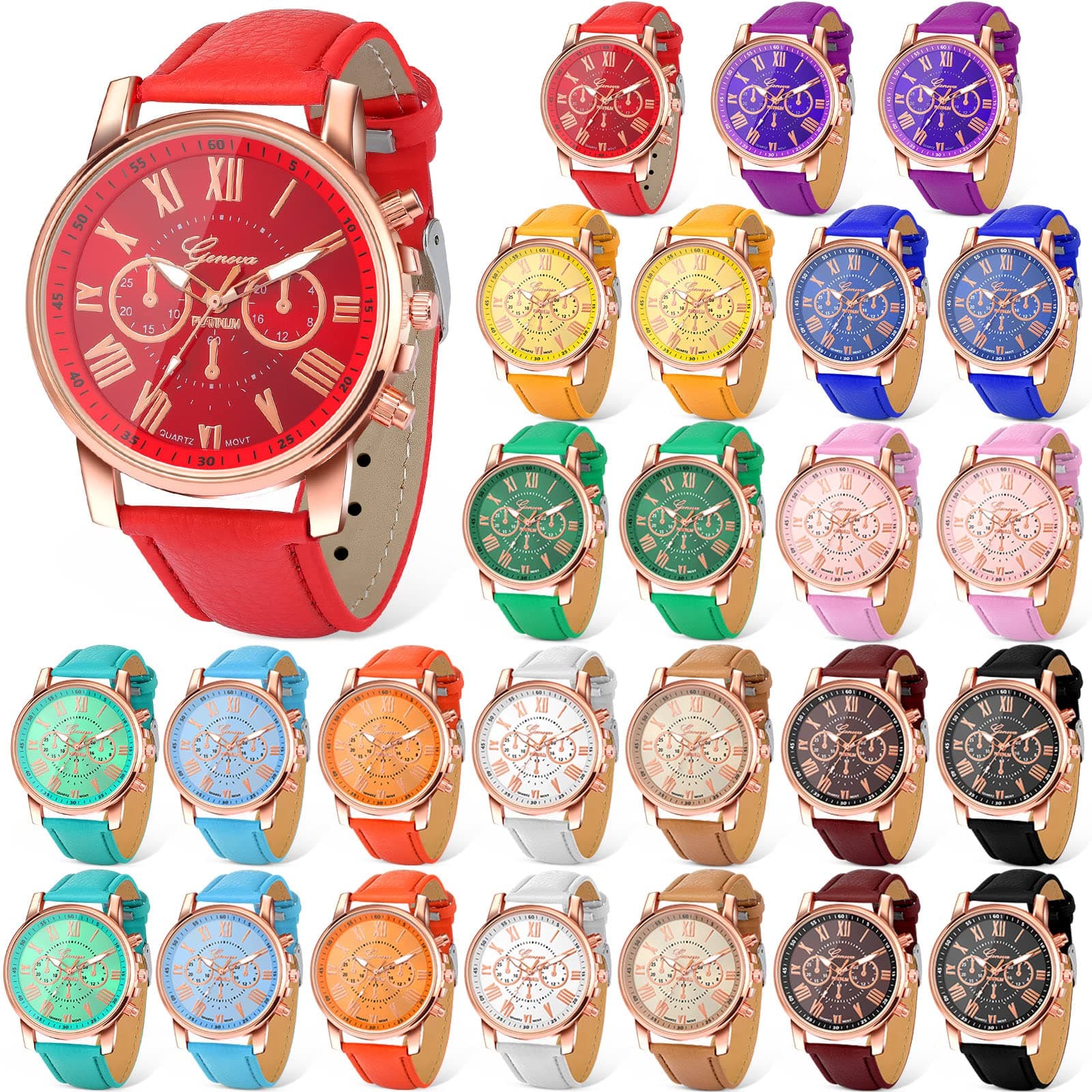26 Pack Assorted Platinum Wrist Unisex Watch Wholesale Quartz Watch Sets for Women Men Ladies with PU Leather Belt