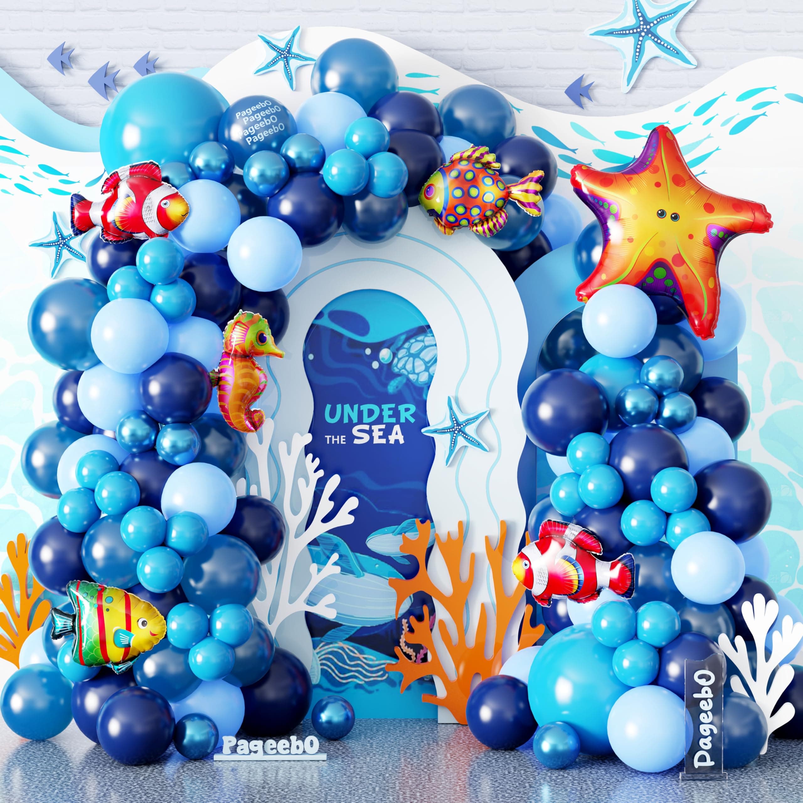 PageebO Ocean Animals Balloon Arch Kit-120pcs Midnight Blue Light Blue Metallic Blue with Different Ocean Animals Balloons for Birthday Party
