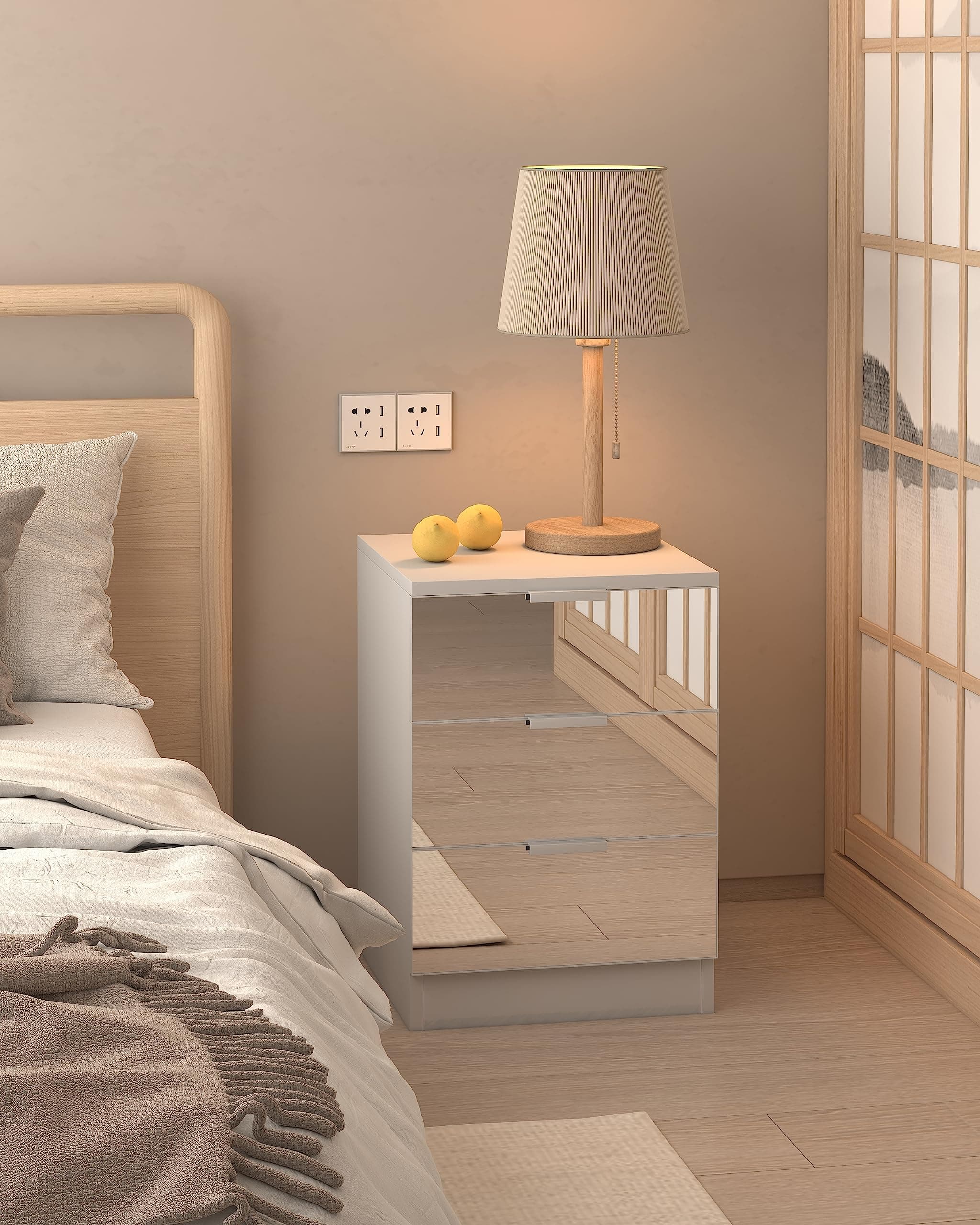 HOME MODERN Wooden 3 Drawers Bedside Table with Mirror Front Nightstand Storage Unit Drawers Cabinet for Bedroom Liviing Room, White and Mirror