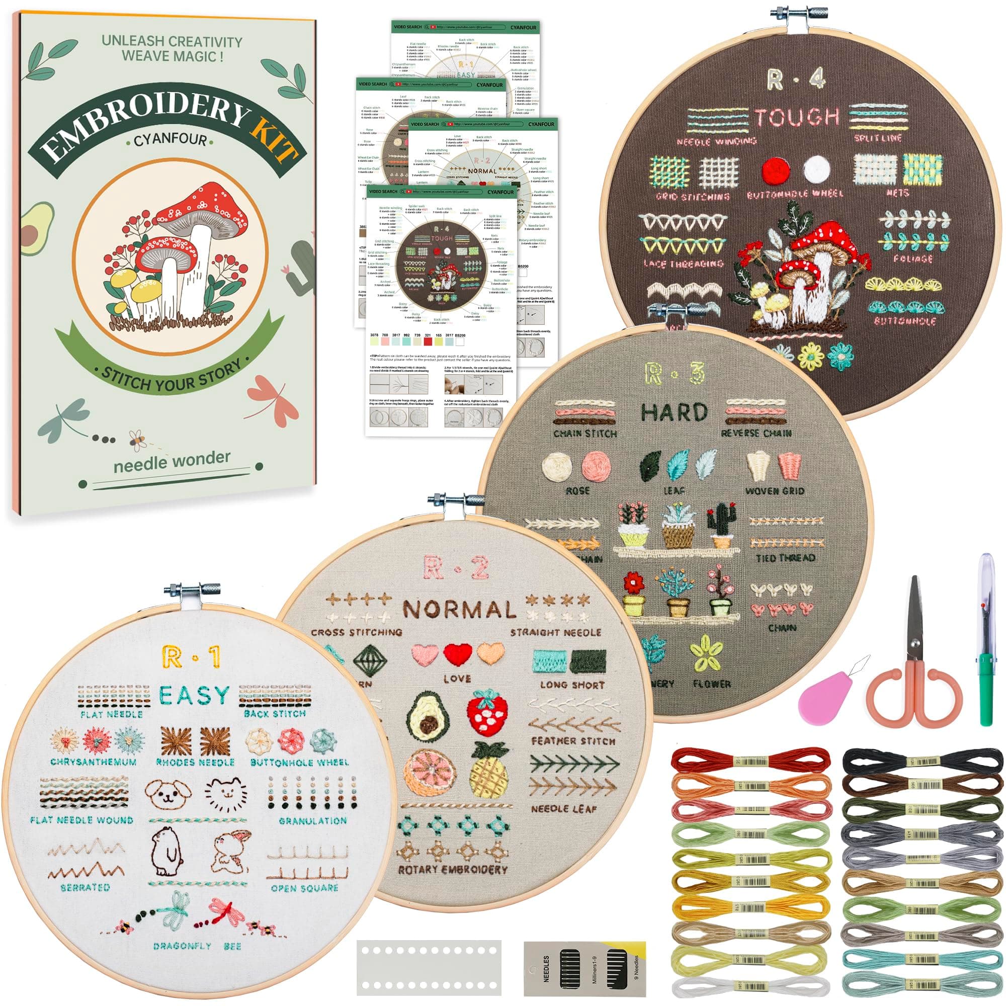 CYANFOUR 4 Stage Beginners Embroidery Kit for Adults, Easy to Learn 38 Different Stitches from Instruction & Video, Needlepoint Kits for Adults with Stamped Embroidery Patterns