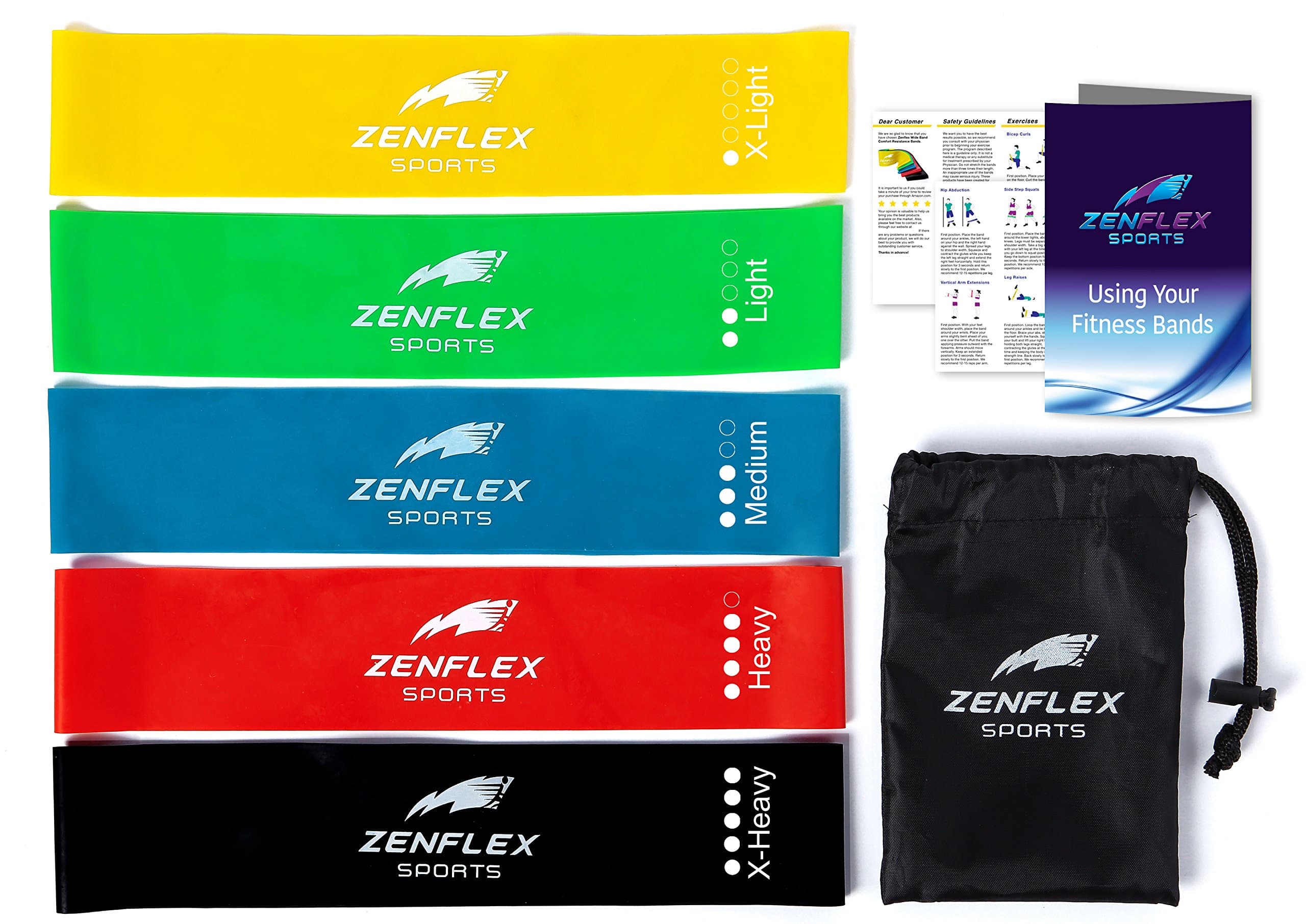 Zenflex Wide-Band Exercise Resistance Loop Bands - Set of 5 with Carry Bag, for Physical Therapy, Yoga, Muscle Sculpting Toning (12" Long, 2.5" Wide, 5 Resistance Levels, 100% Natural Latex)