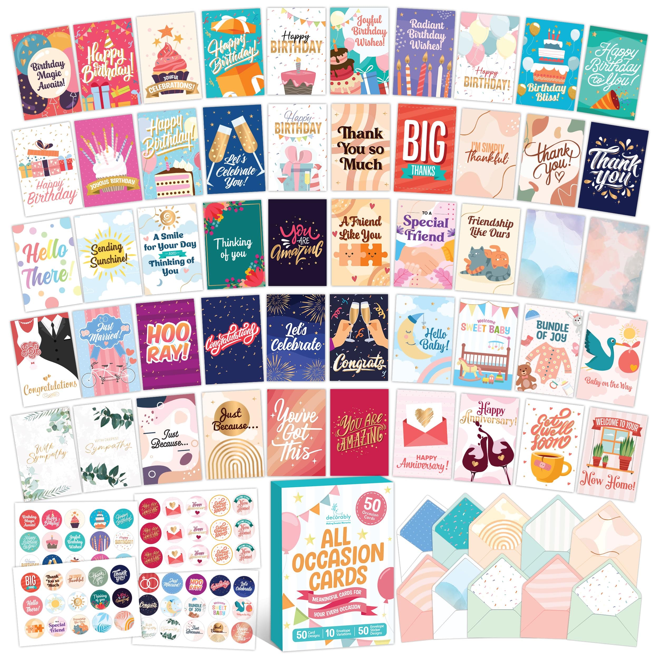 Decorably 50 Pack Gold Foiled & Glittery 5x7in All Occasion Cards Assortment Box with Envelopes & Stickers, 50 Unique Designs for Friends, Family and Loved Ones with Printed Message - Gifting, Mailing