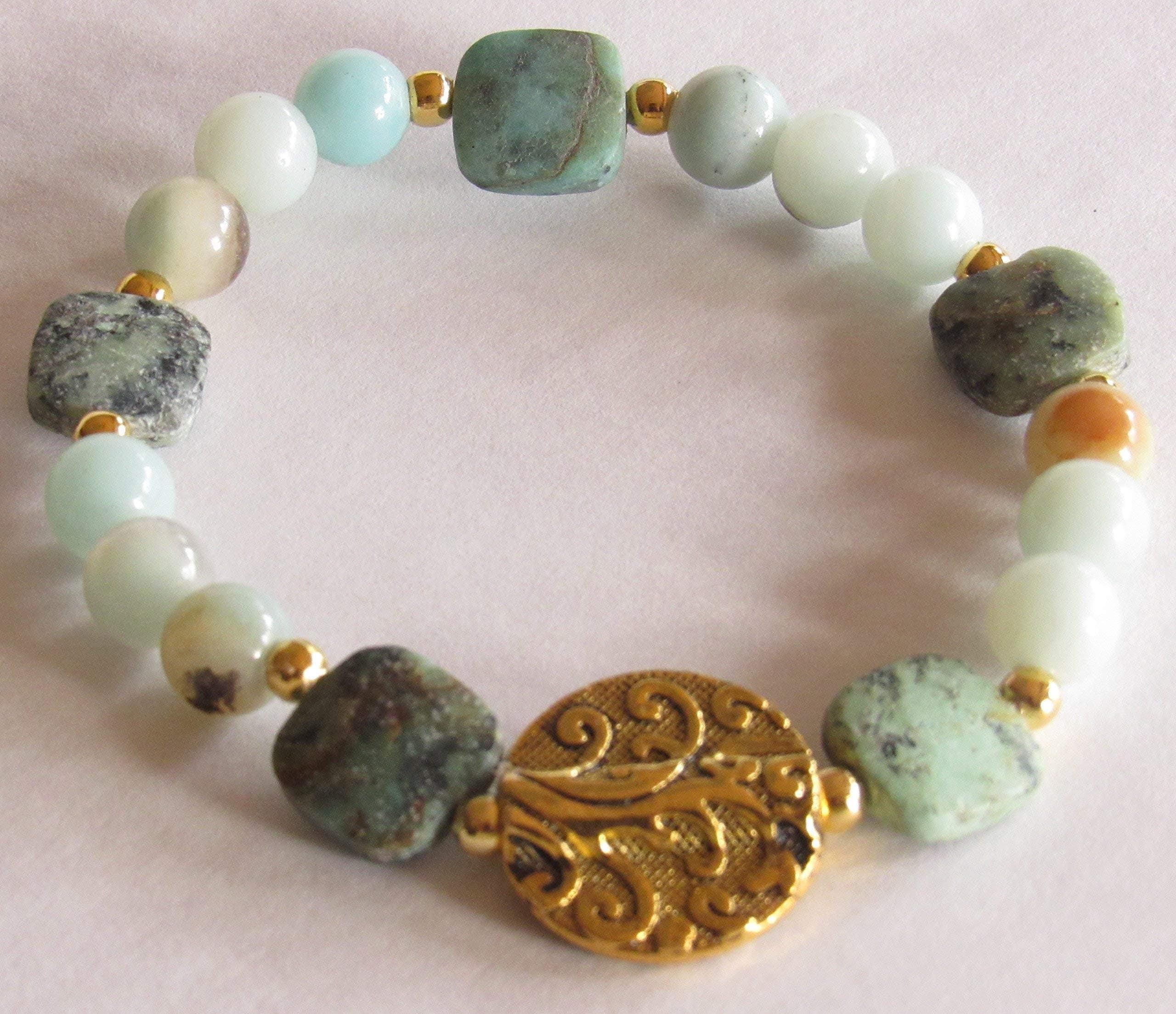 African Turquoise & Amazonite Stretch Bracelet - 7.5 inches