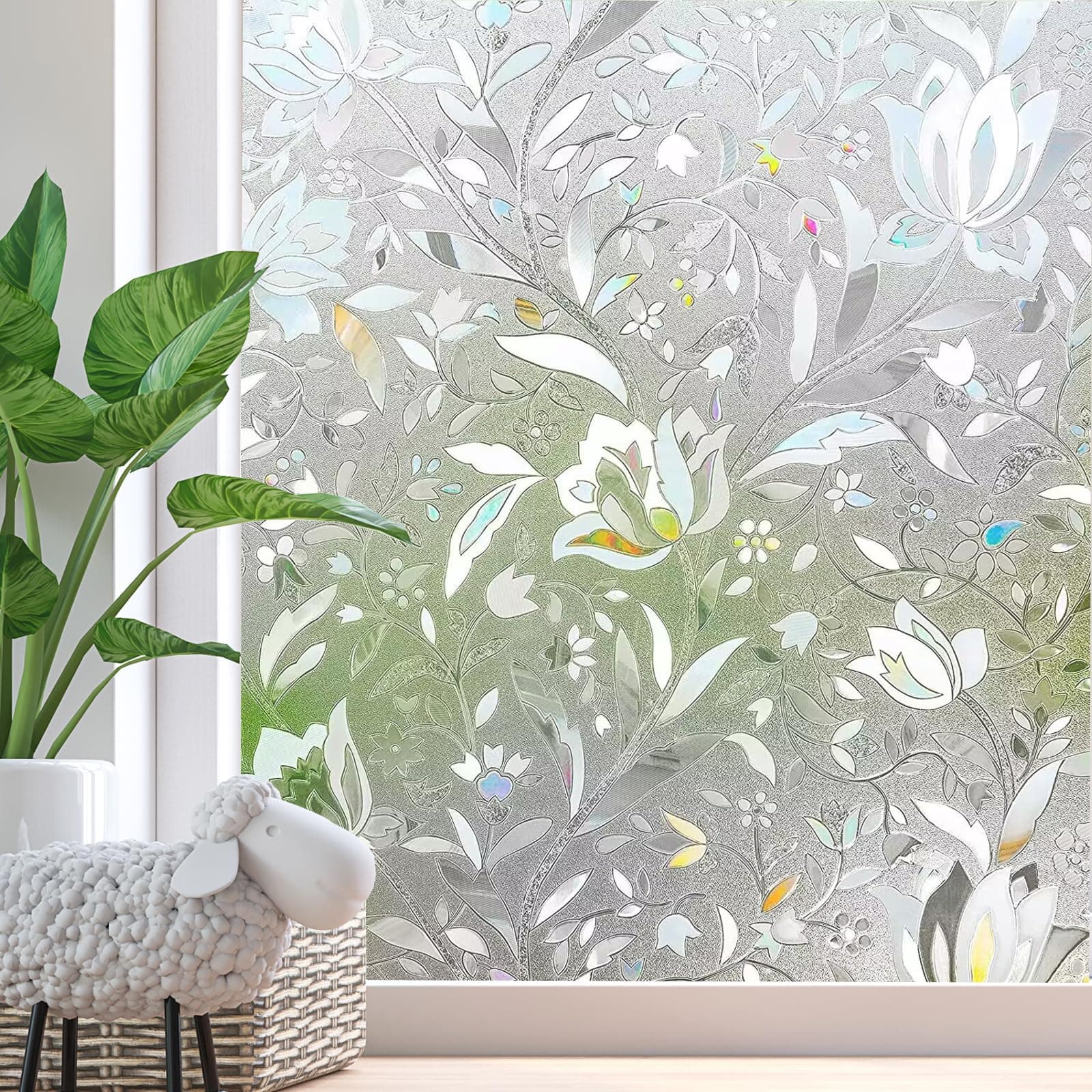 Zindoo Privacy Window Film 3D Window Sticker Static Non-Adhesive Window Covering Film Stained Glass Window Film Flowers Door Film Decorative 90cm x 200cm