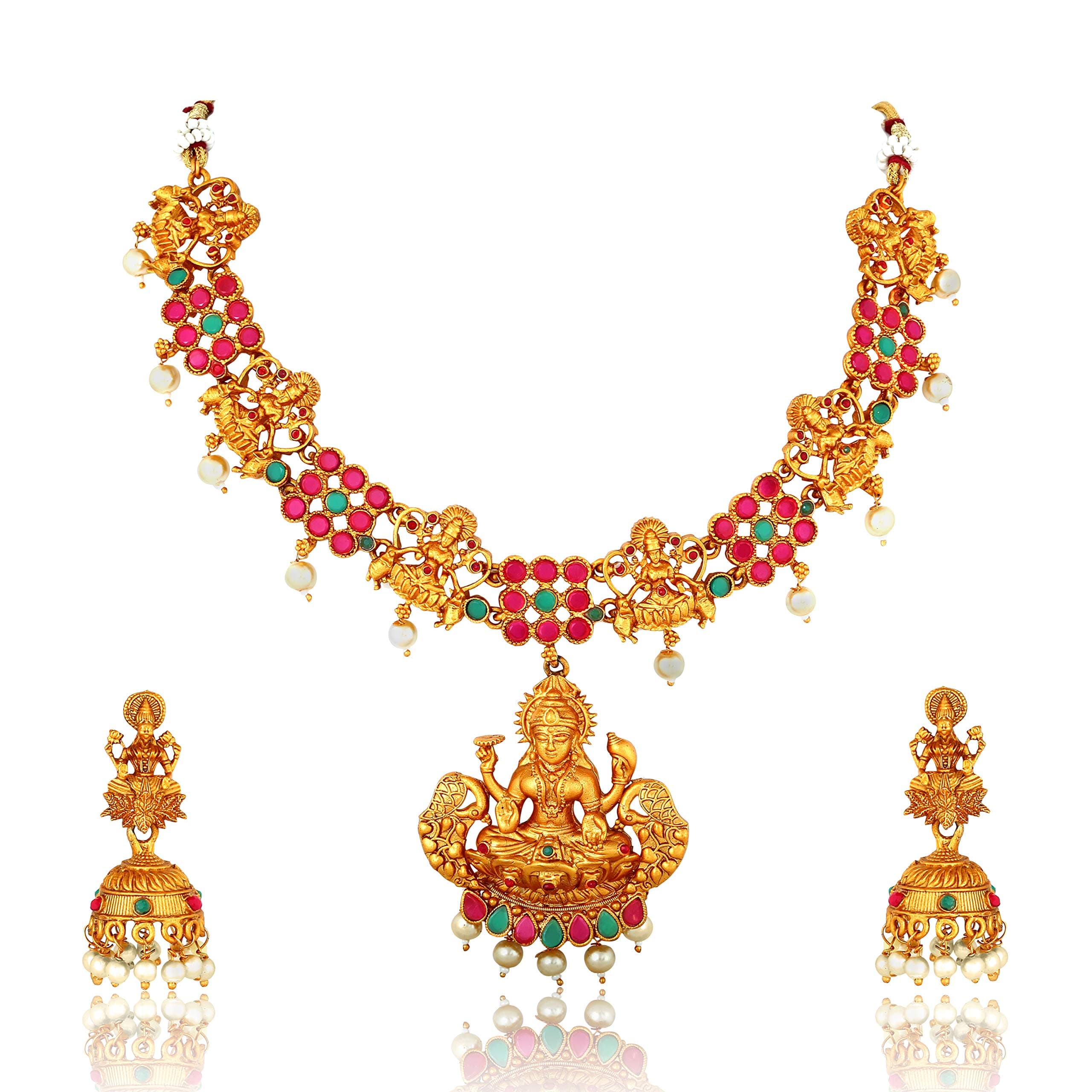 Temple South Indian Peacock Goddess Laxmi Matte Gold Pearl Traditional Necklace Jewellery Sets Jhumki Earrings for Women Girls-NL-A382