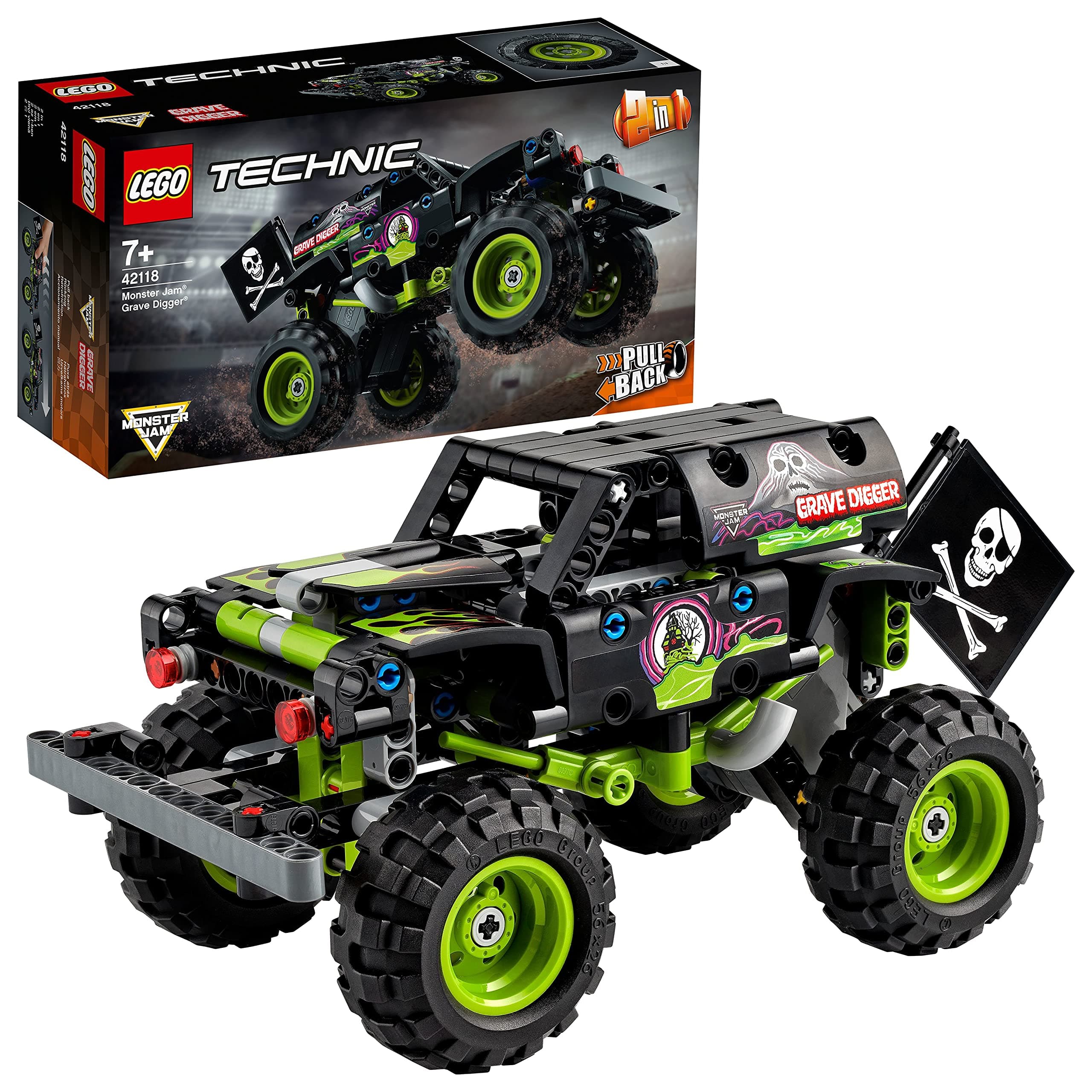 Technic Monster Jam Grave Digger 42118 Model Building Kit for Kids Who Love Motor Sports and Monster Truck Toys; 2-in-1 Toy with Pull-Back Action for Racing and Stunt Fun (212 Pieces)