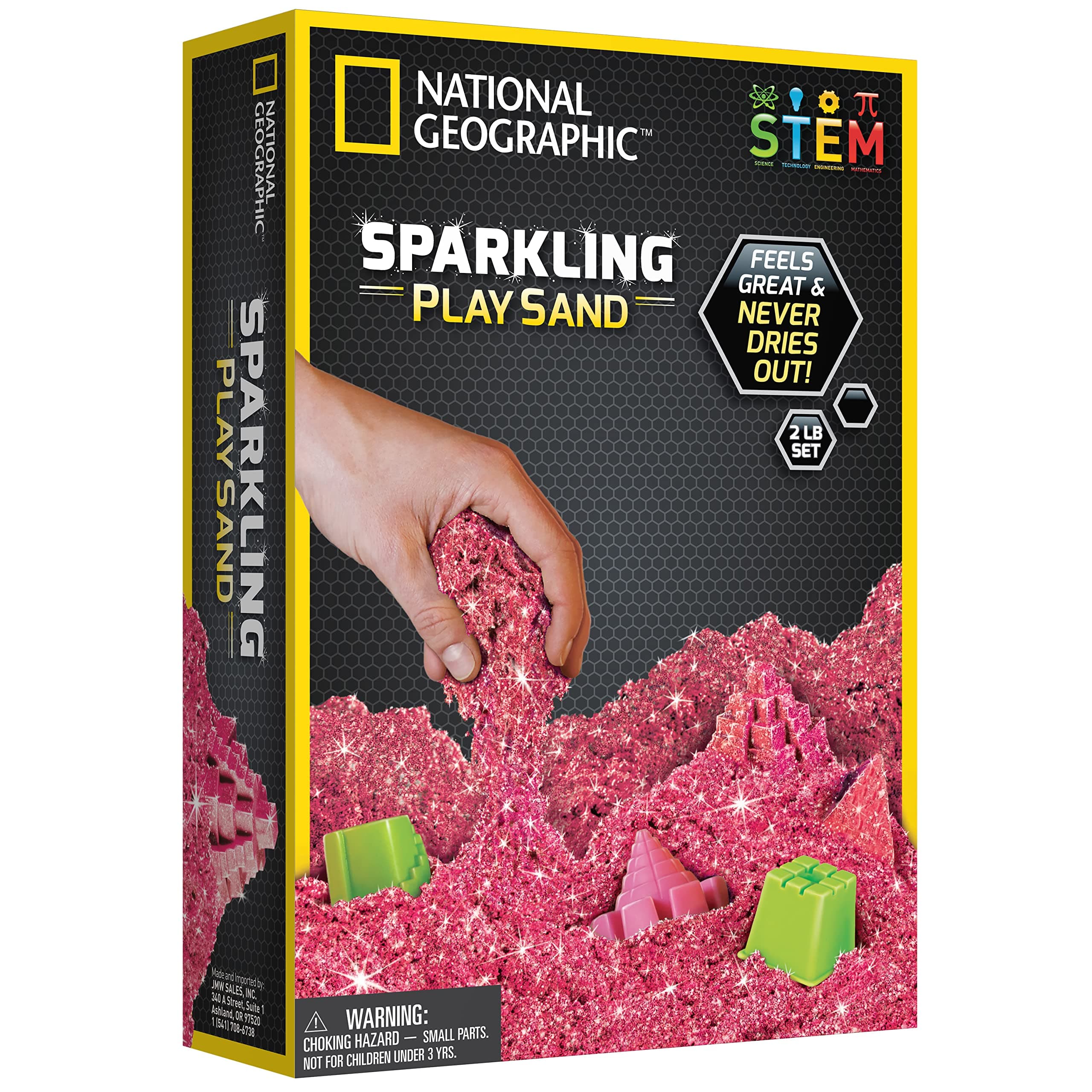 NATIONAL GEOGRAPHIC Sparkling Play Sand - 2 LBS of Shimmering Sand with Castle Molds and Tray (Pink) - A Kinetic Sensory Activity