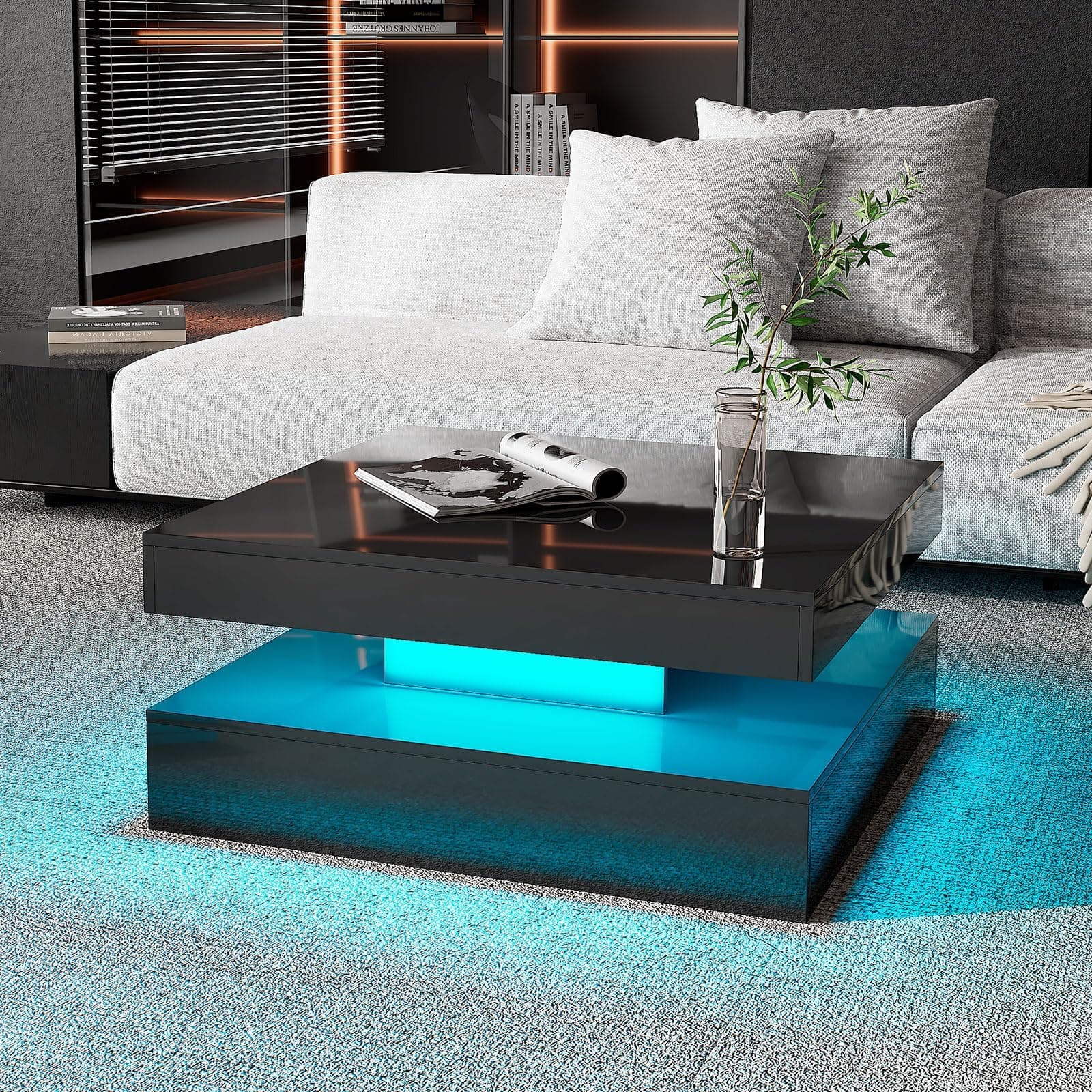 Black LED Coffee Table for Living Room, Living Room Table 2-Tier Square Center Tables, Wood Coffee Tables with Storage, Tea Table for Dining Reception Room
