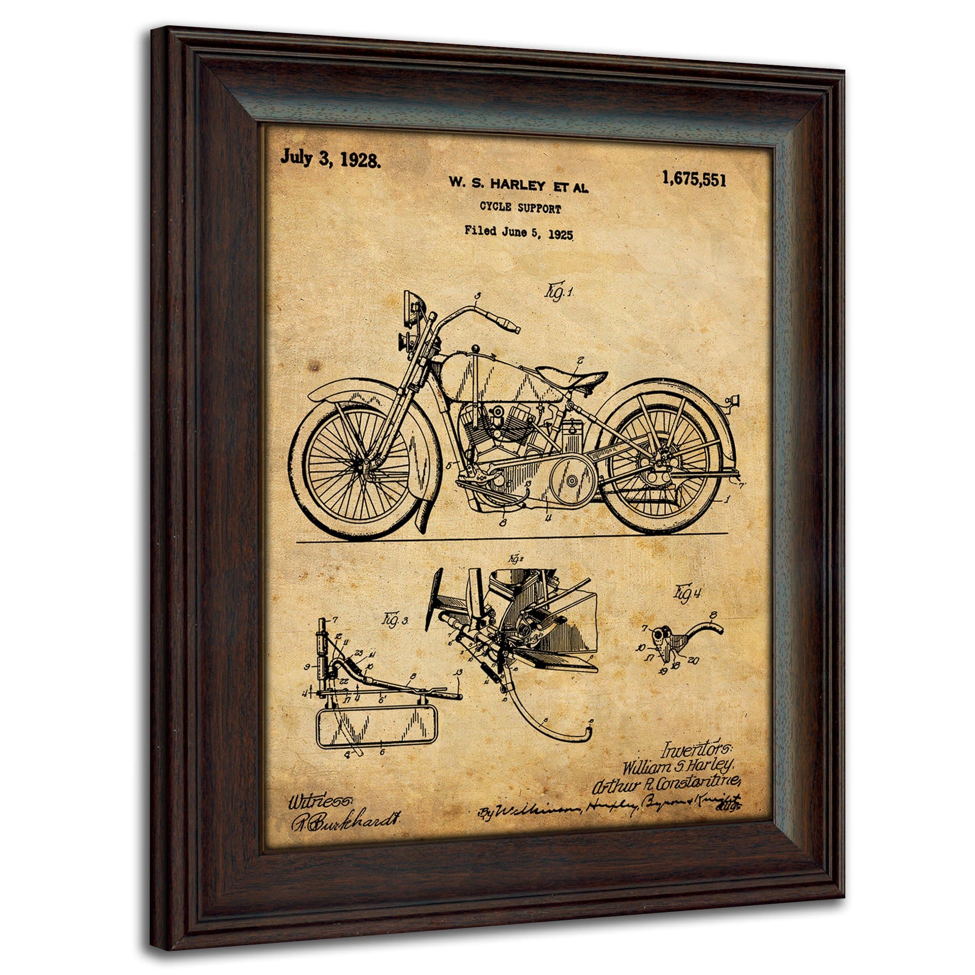 Harley Davidson Vintage Style US Patent Prints | Framed Behind Acrylic Motorcycle Wall Art (1925 - Harley Motorcycle)