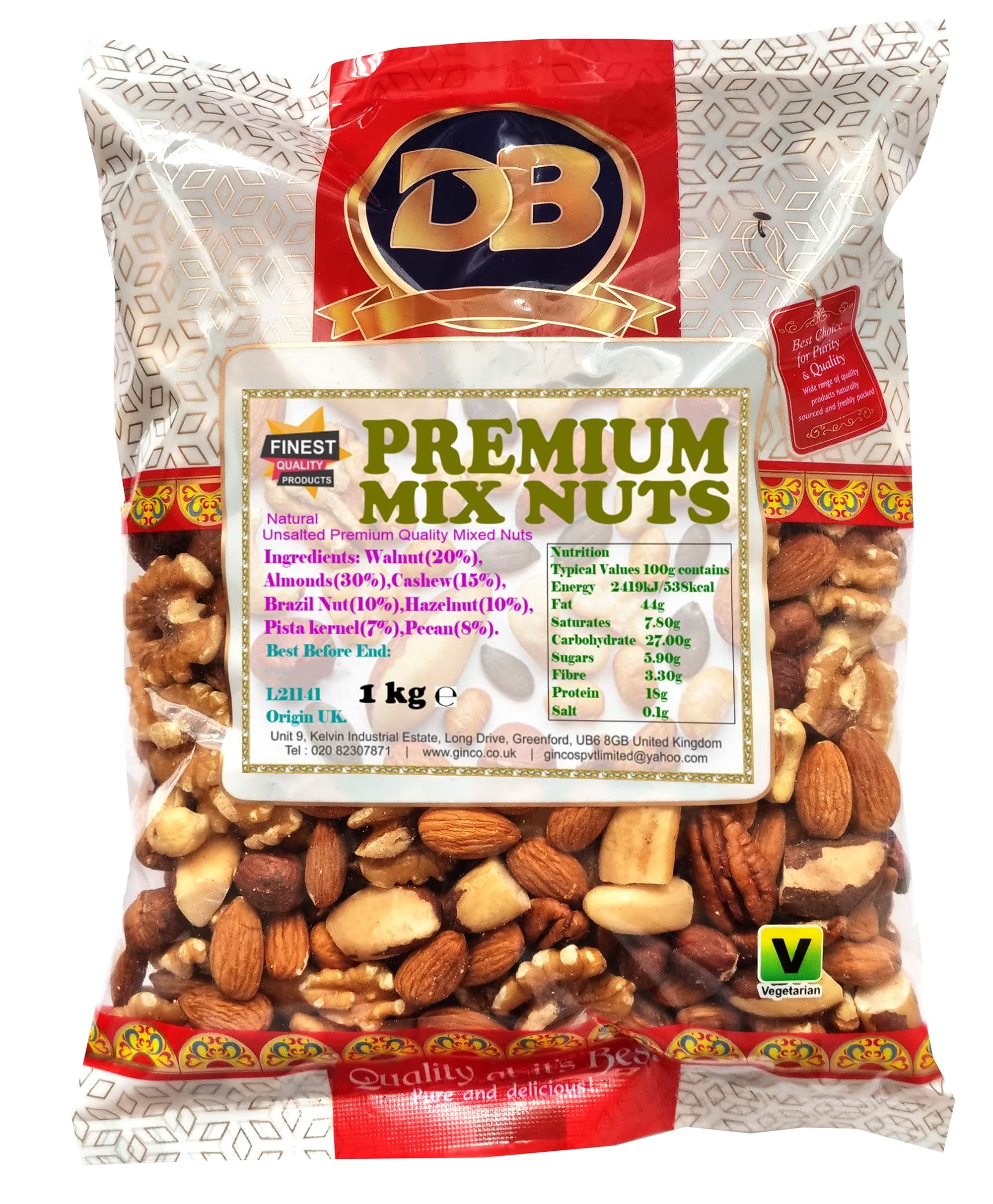 Ginco Premium Mixed Nuts 1kg, Unsalted Mix Nuts Including Walnuts, Almonds, Cashew Nuts, Brazil Nuts, Hazelnuts, Pistachio Kernels, Pecan Nuts Suitable for Vegetarian Diets