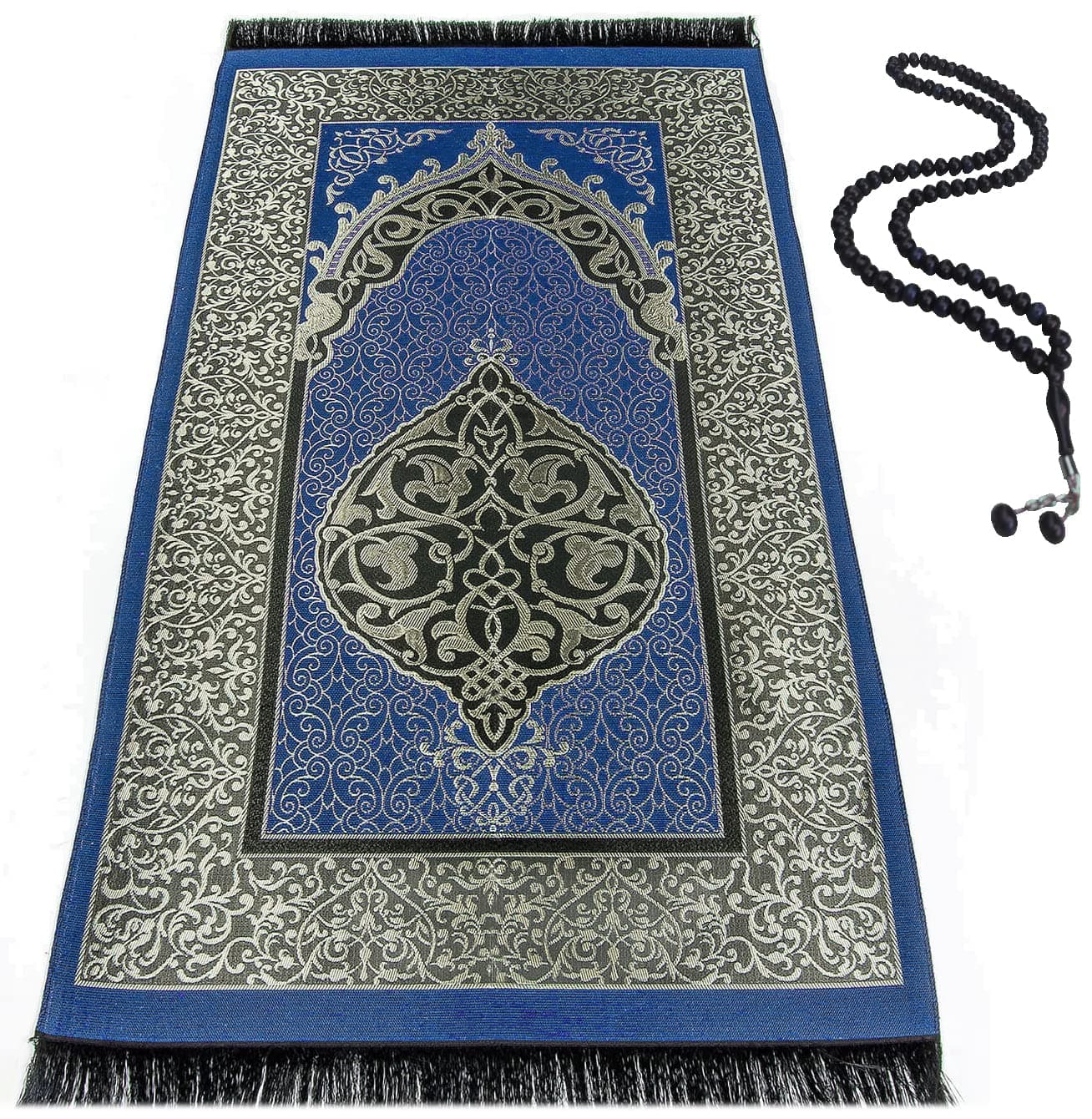 BAYKUL Muslim Prayer Rug,Islamic Turkish Prayer Rugs,Great Ramadan Gifts,Prayer Mat for Women and Men,Islam Carpet,Portable Muslims Mats,Praying Rugs Islam with Beads,Gift Prayer Beads 99 (D.Blue)