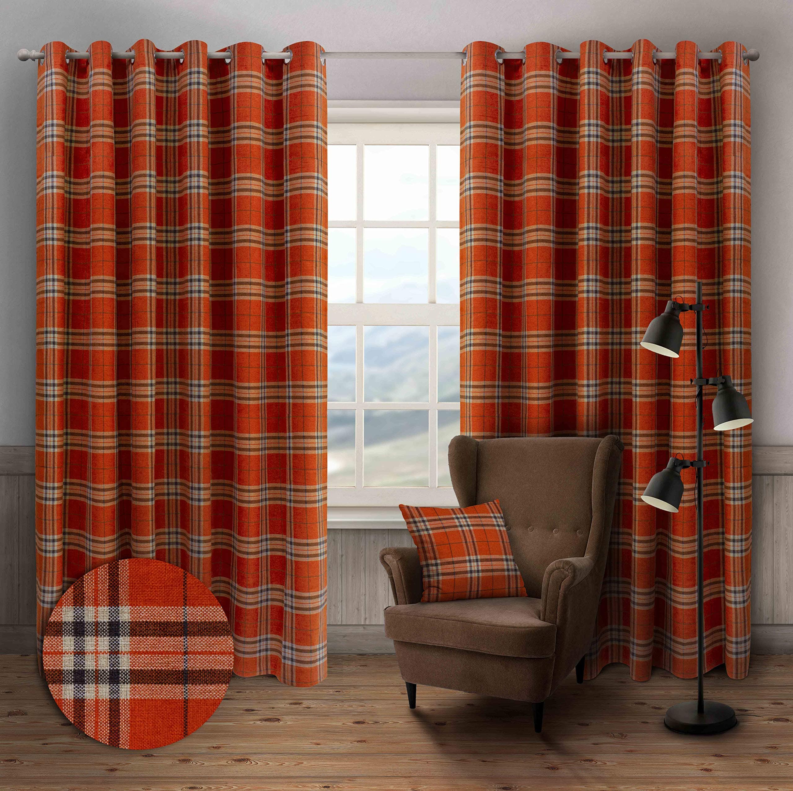Intimates Home Bedding Store Orange Tartan Check Stripe Woven Lined Ring Top Curtains 90" x 72" Curtain Pair