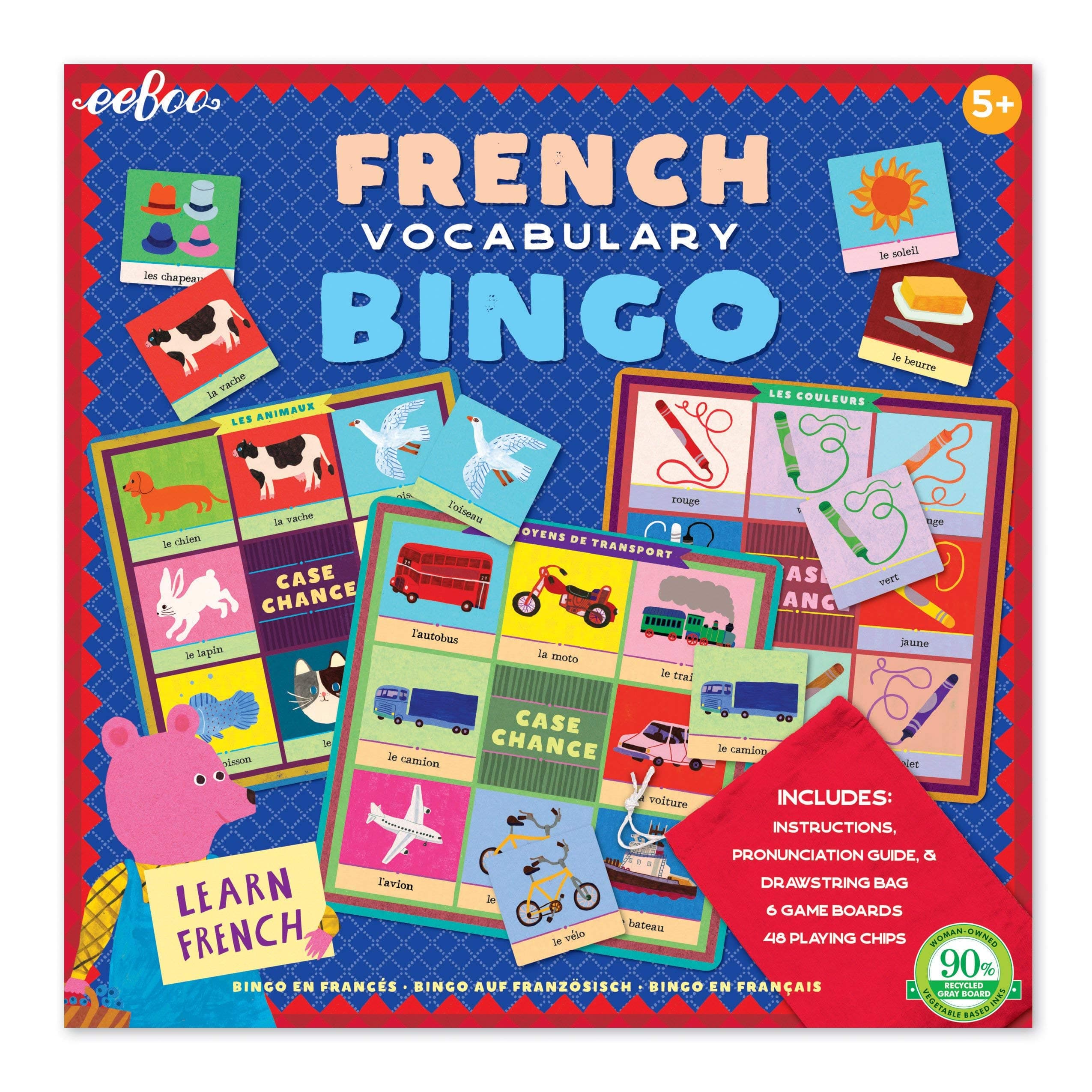 eeBoo: French Bingo Vocabulary Game, Pronunciation Guide & Drawing Bag, 6 Game Boards, 48 Play Chips, 2-6 Players, Ages 5+
