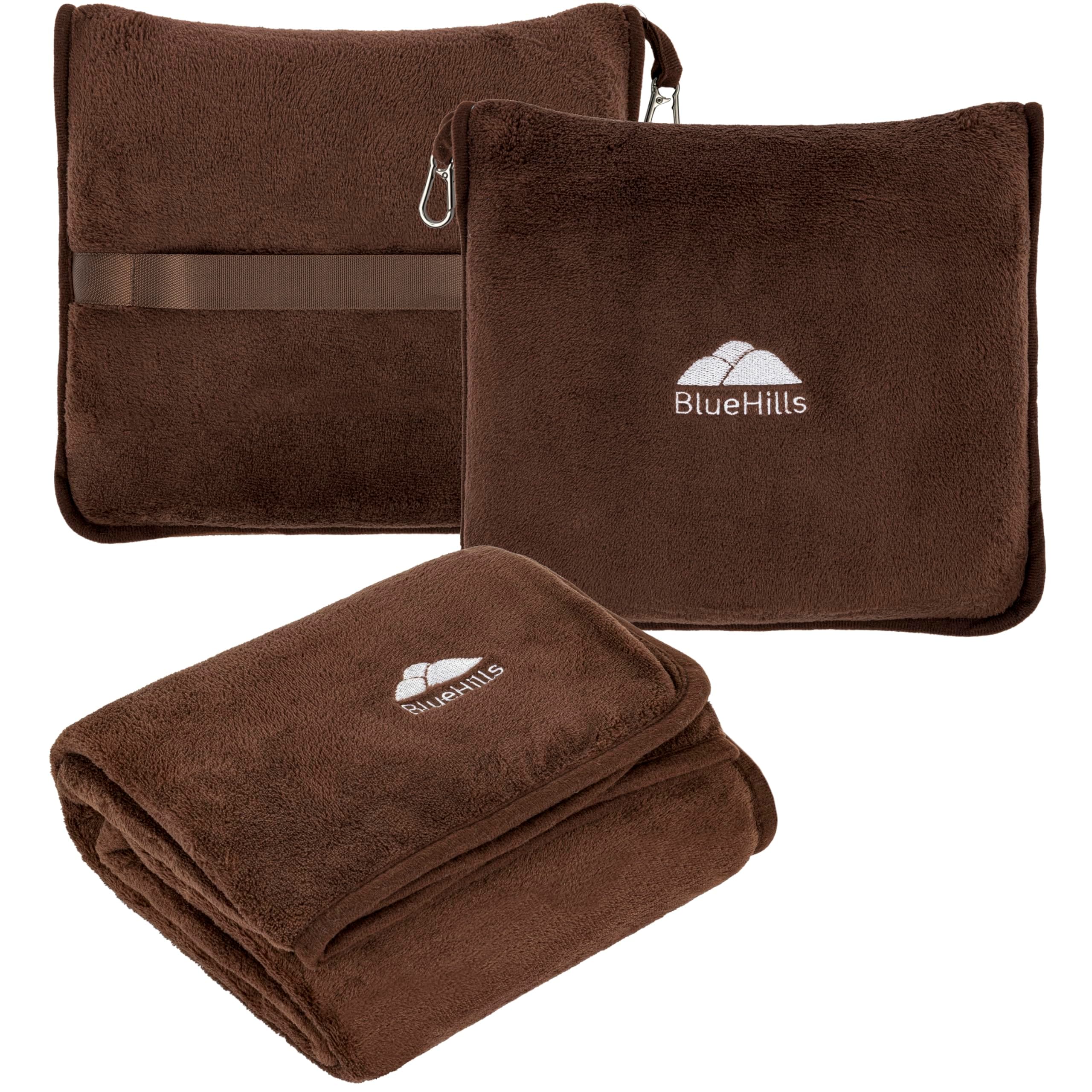BlueHills Premium Soft Travel Blanket Pillow Airplane Blanket Soft Bag Pillow case with Hand Luggage Belt and Backpack Clip Compact Pack Large Portable Throw Air Plane Flight Travel (Brown T009)