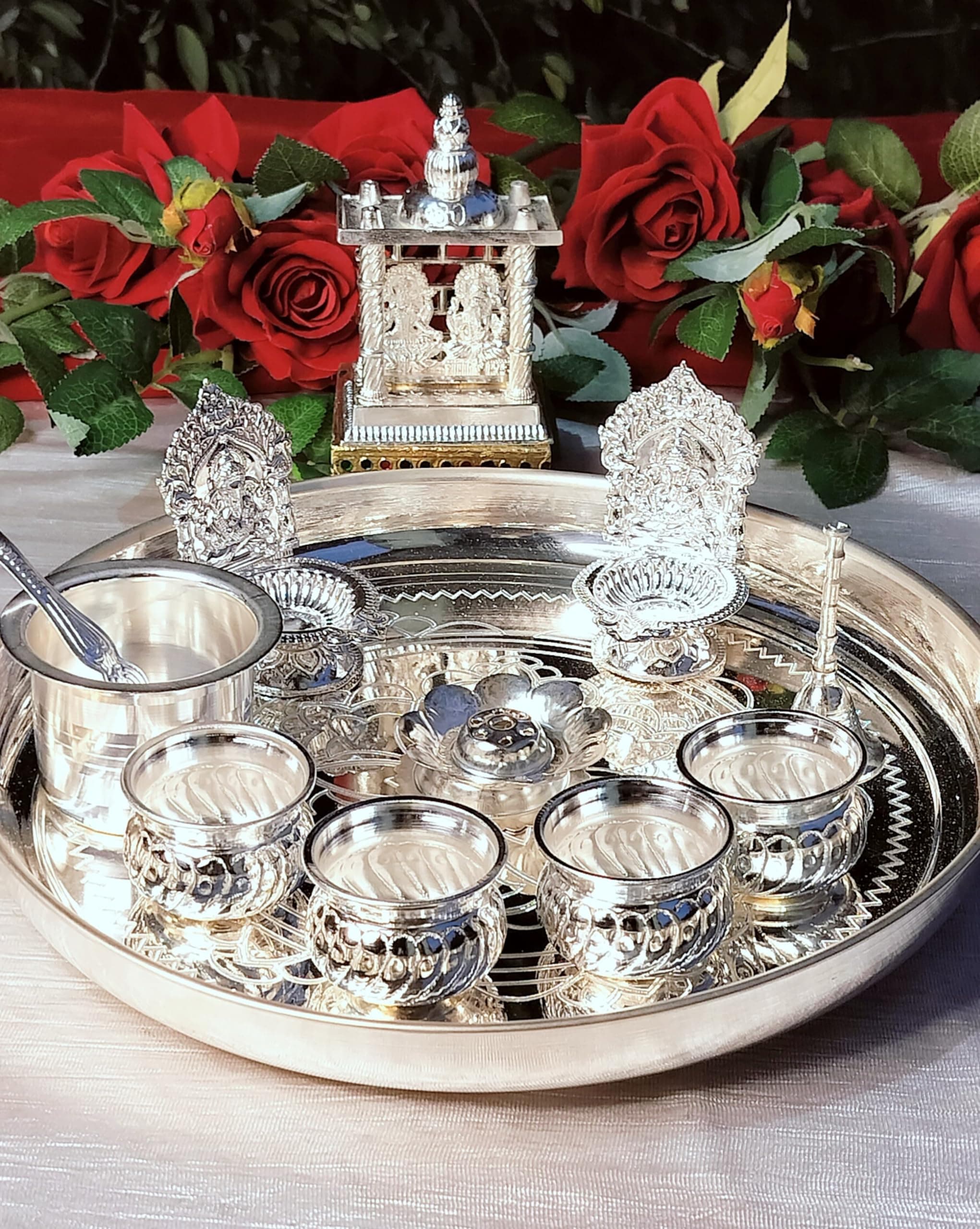 German Silver Combo Pooja thali Set with Lakshmi Ganesha Temple for House Warming puja Party, Festival, Wedding