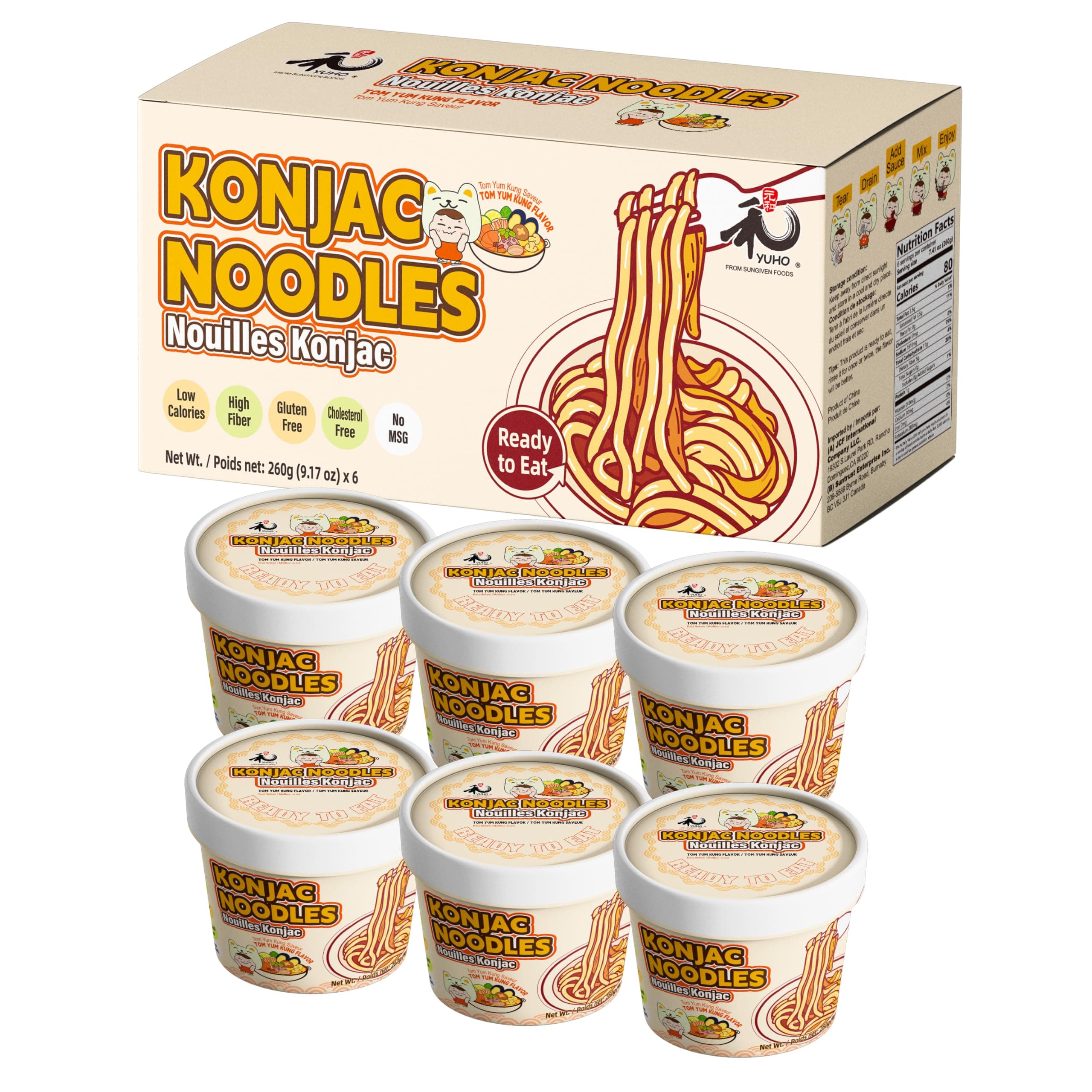 YUHO Shirataki Konjac Angle Hair Tom Yum 6 Pack, Gluten Free, Fat-Free, Keto Friendly, Low Carbs Noodles, Ready to Eat, Instant Cup Soup 55.02 Oz