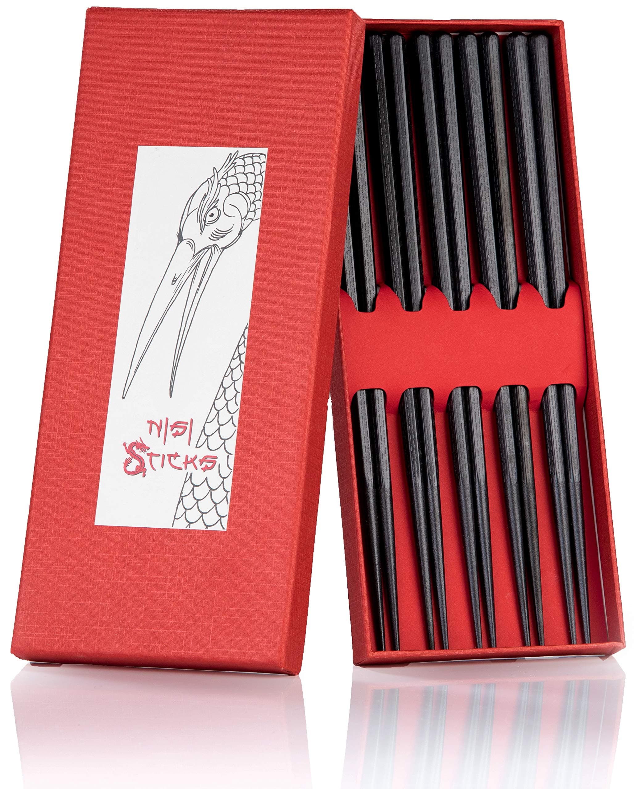 NiSi Sticks Premium ESS Sticks Set of 5 Chopsticks in Black | Asian Tea for Sushi or rice sushi Dishes | with Ebook with Great Recipes