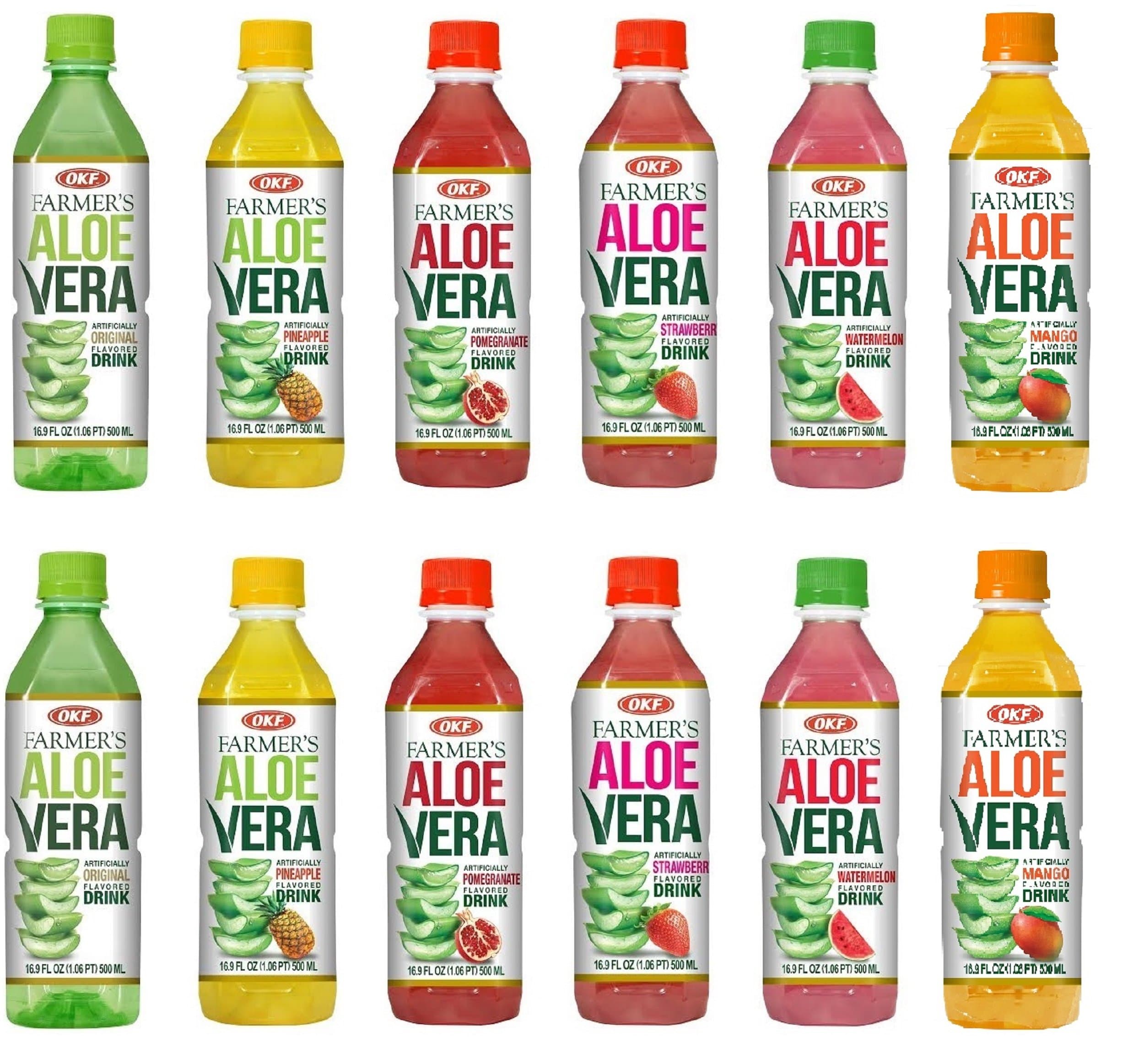 OKF Farmer's Aloe Vera Drink with Pulp Variety Pack includes Original, Pineapple, Mango, Watermelon, Pomegranate, and Strawberry.(6 Flavor Variety Pack, 12 Pack)