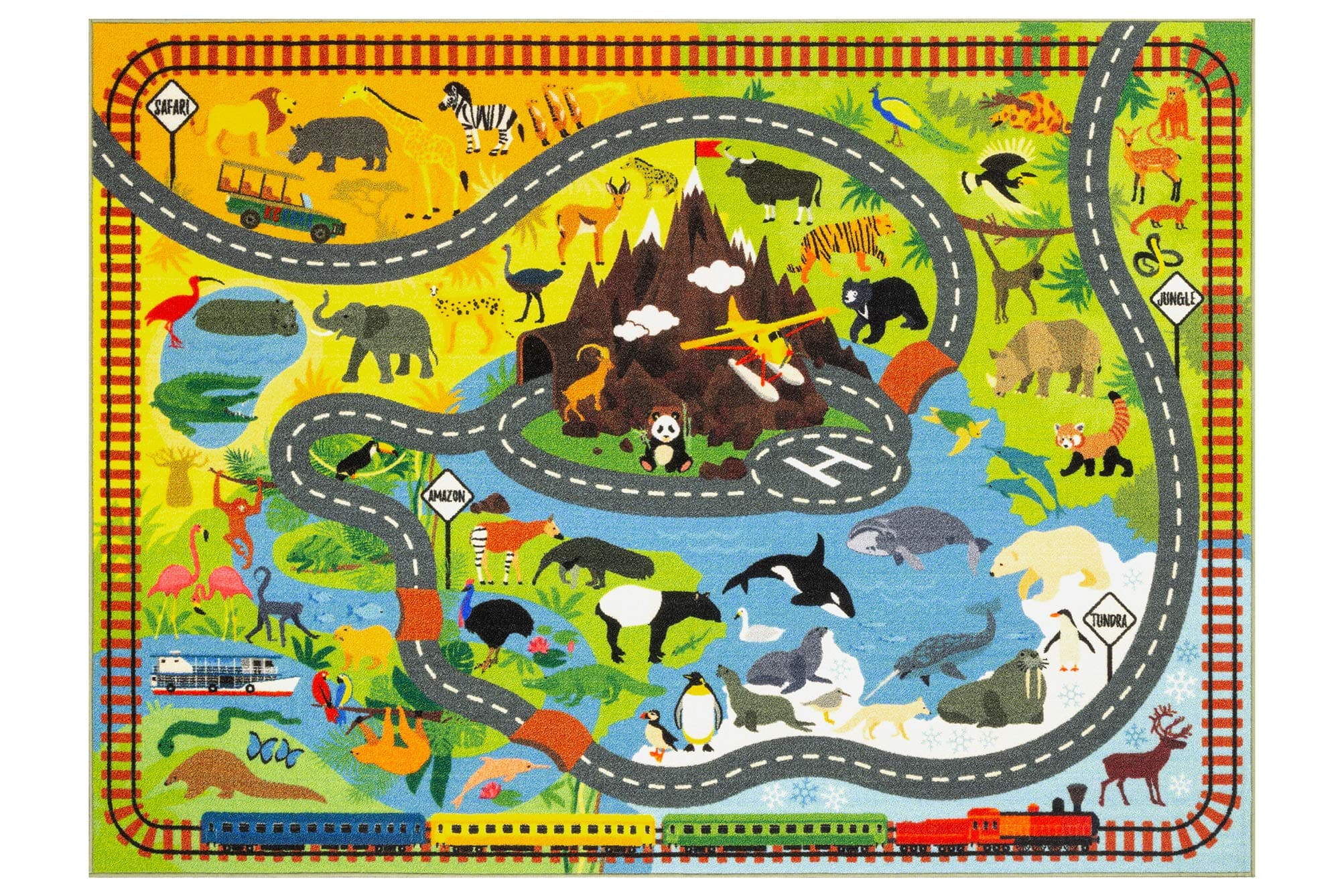 KC Cubs Playtime Collection Animal Safari Road Map Educational Learning & Game Area Rug 100 cm x 150 cm