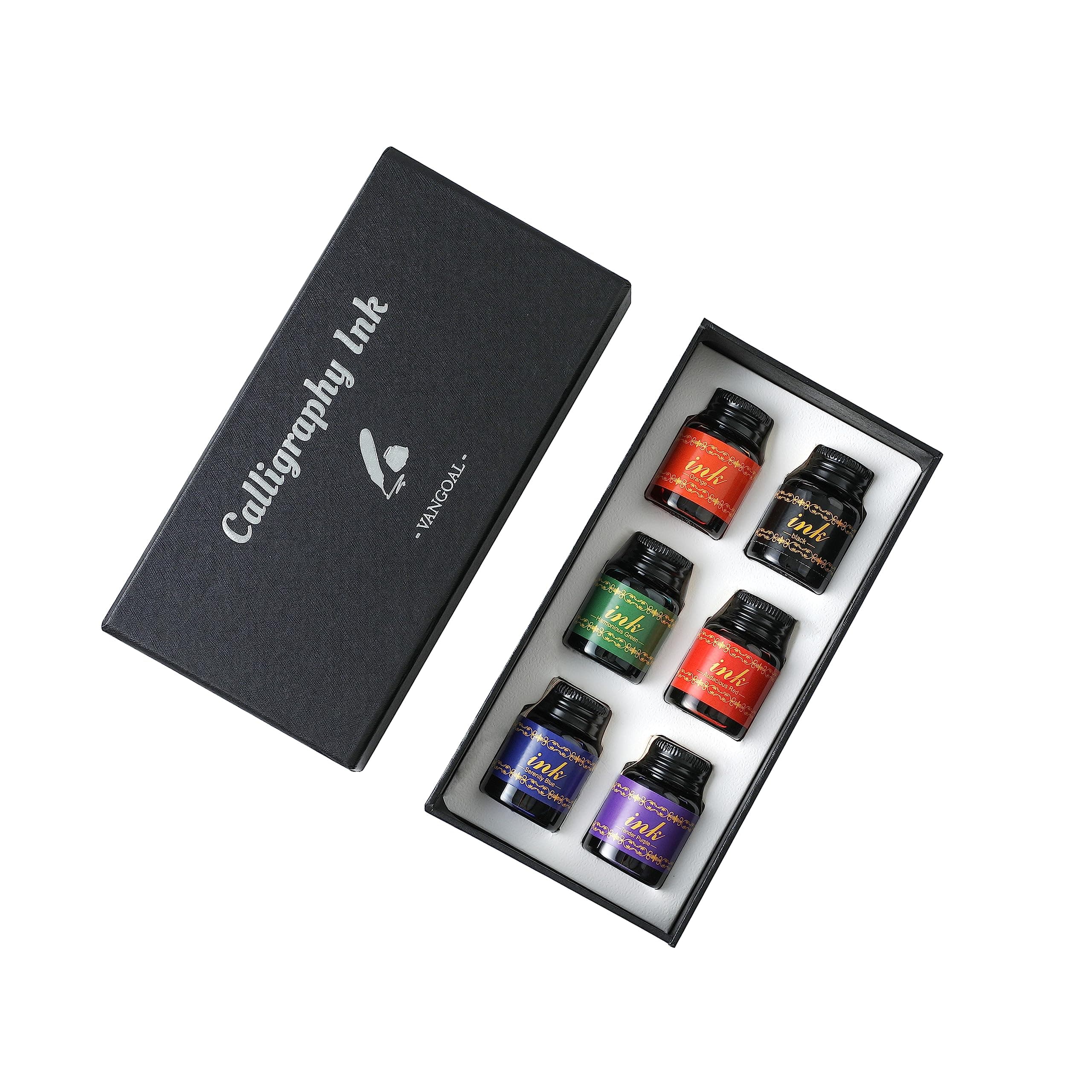 VANGOAL 6 Colors Ink Set, 6 Bottles Writing/Drawing Ink Black,Blue,Purple,Orange,Red Green Ink for Fountain Pen, Glass Pen, Calligraphy Dipping Pen, Feather Pen, Quill Pen, Witch Pen
