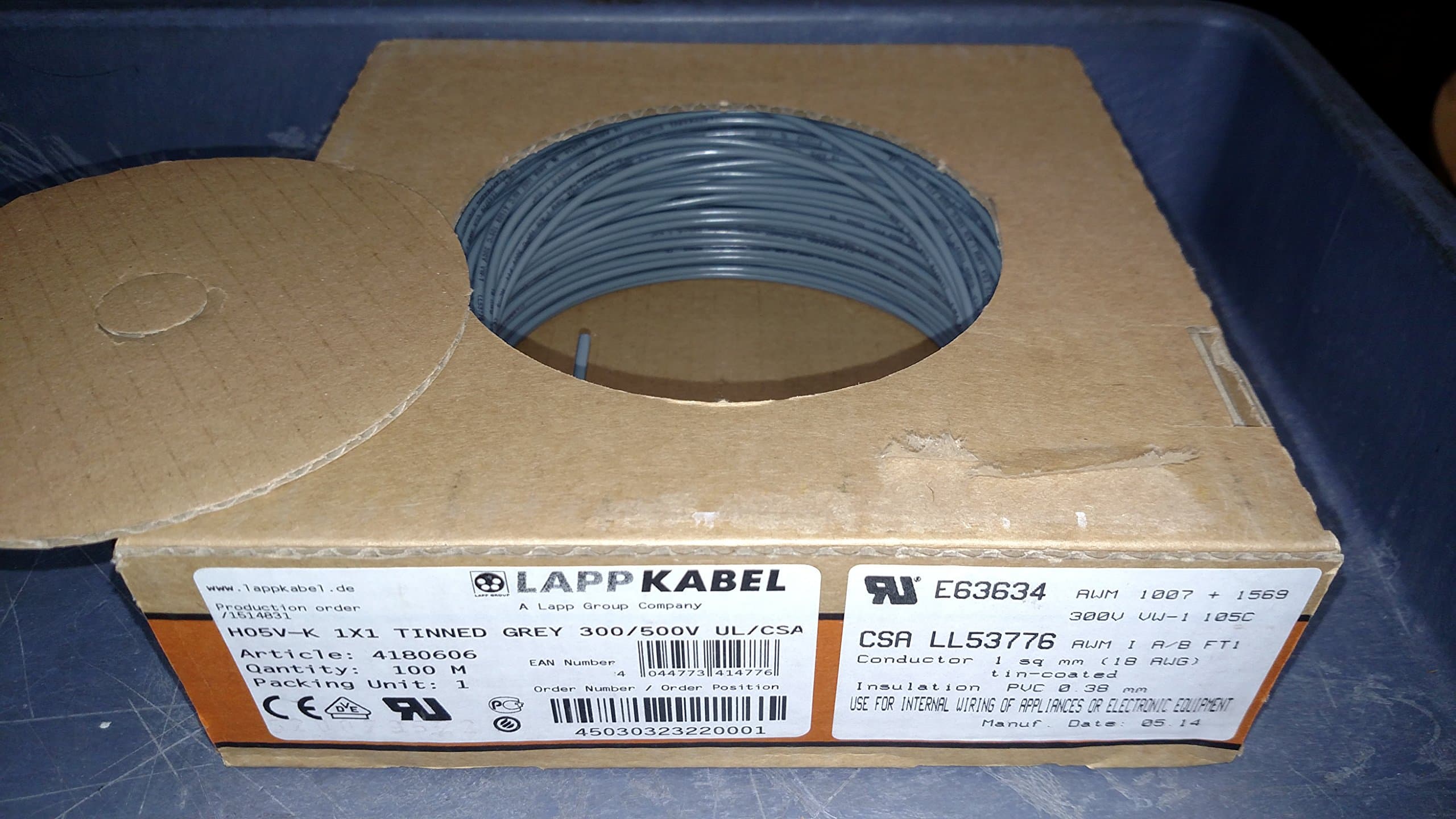 Lapp, 4180606, H05V-K 1.0 GREY UL/CSA/HAR, 328FT